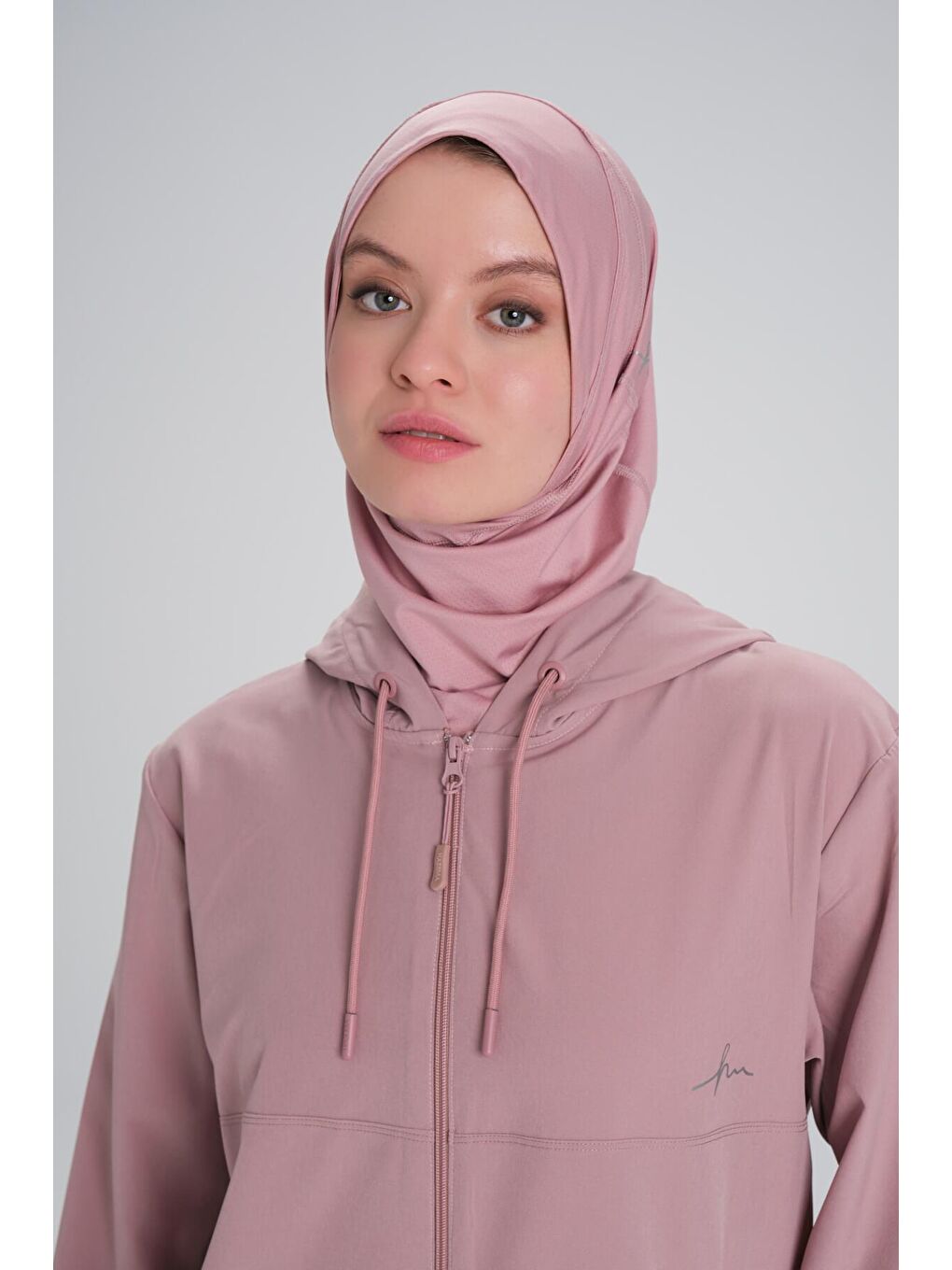 Active Uzun Kollu Kapüşonlu Fermuarlı Pembe Tesettür Antrenman Üstü Act 10-3