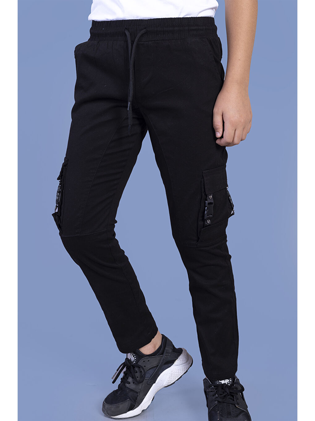 Siyah Erkek Çocuk Beli Lastikli Kargo Cepli Jogger Pantolon