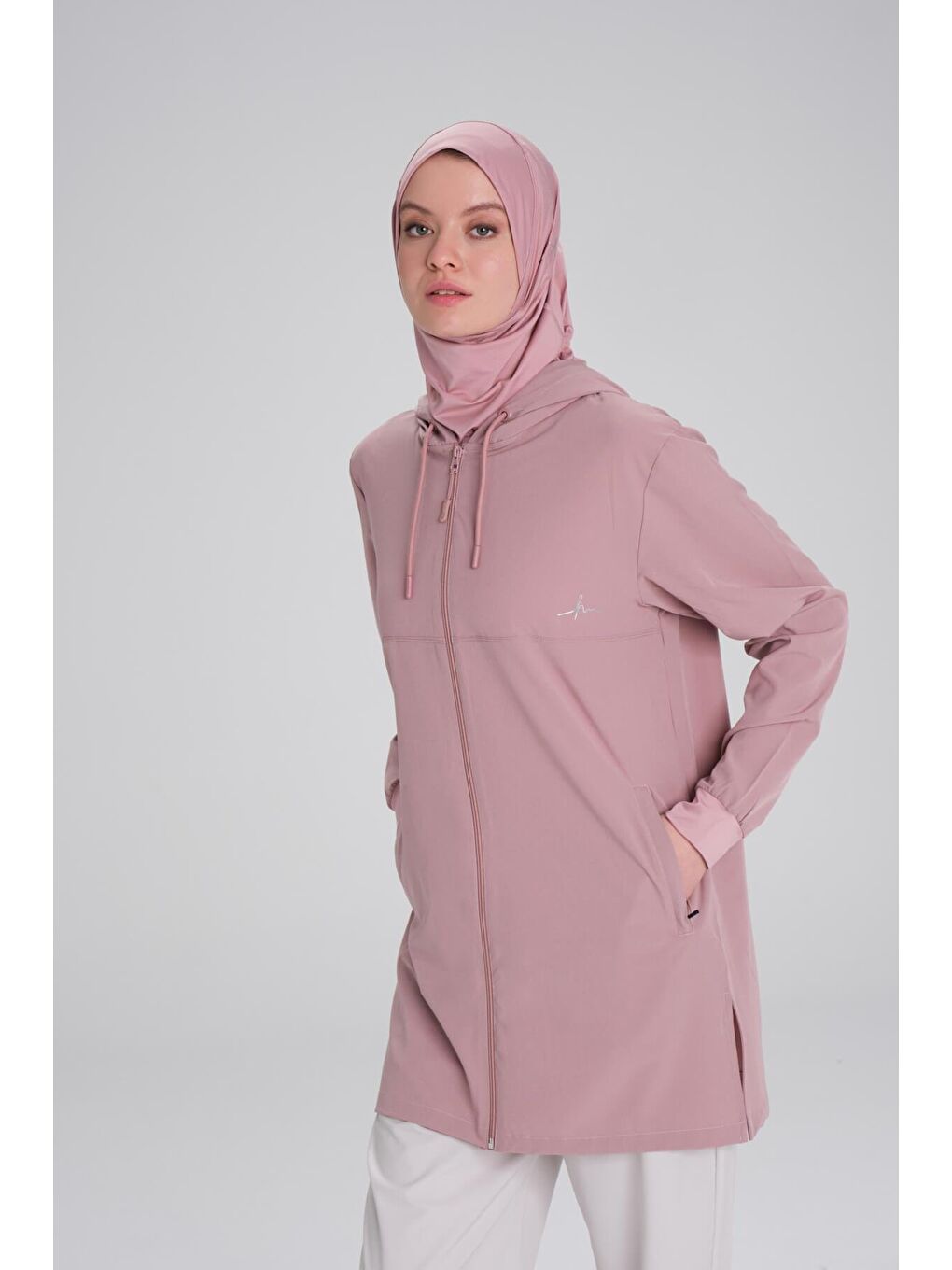 Active Uzun Kollu Kapüşonlu Fermuarlı Pembe Tesettür Antrenman Üstü Act 10-5