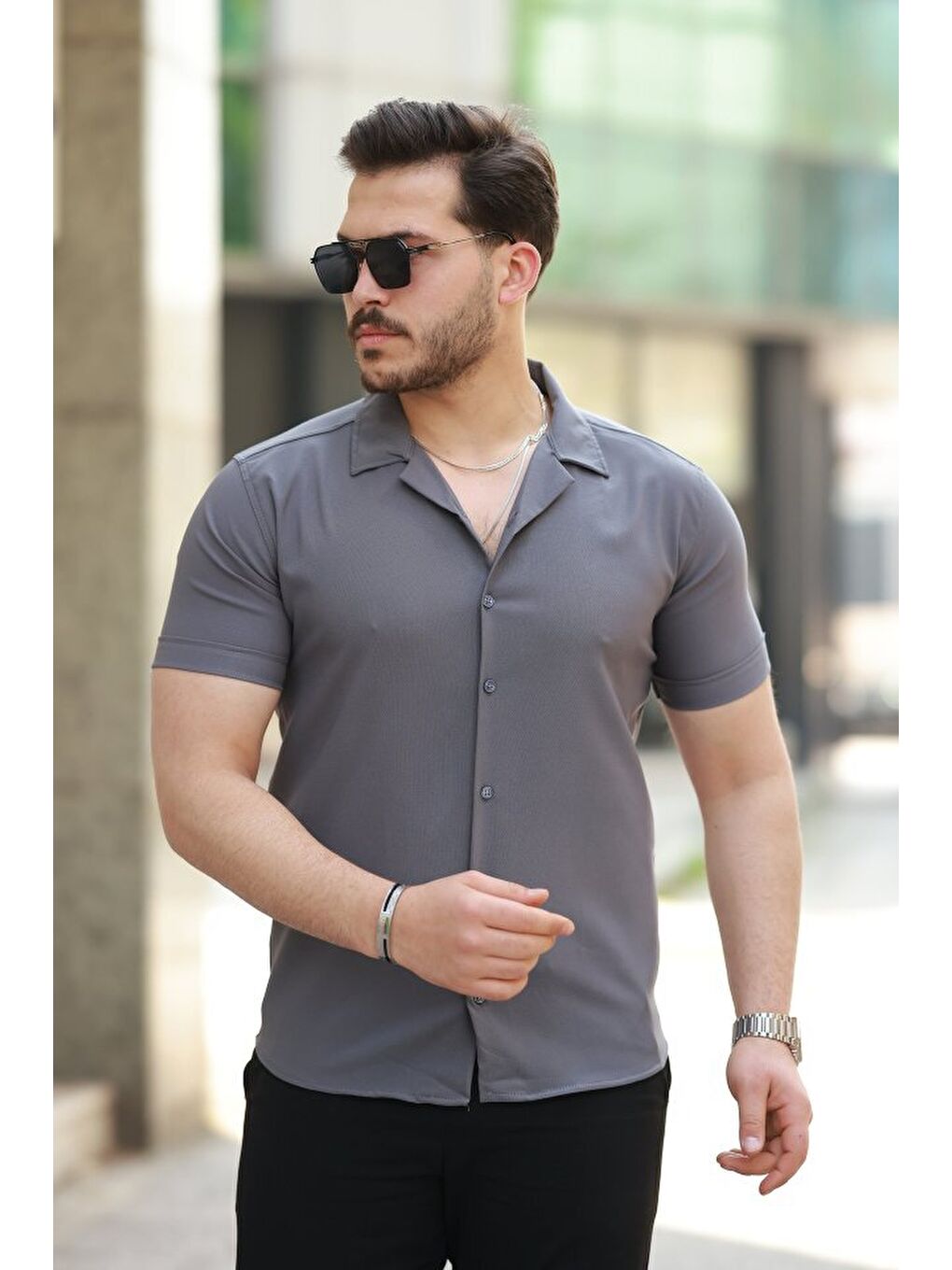 Antrasit Erkek Apaj Yaka Kısa Kollu Gömlek