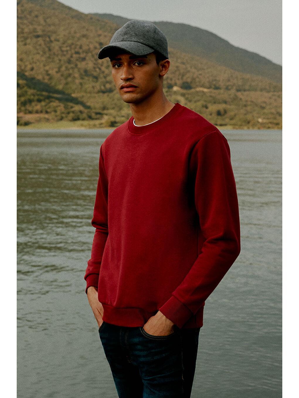 Erkek Bordo Standart Fit Normal Kesim İçi Polarlı Bisiklet Yaka Sweatshirt