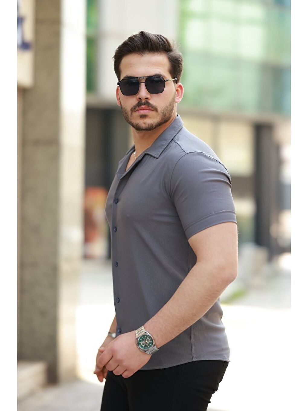 Antrasit Erkek Apaj Yaka Kısa Kollu Gömlek-1