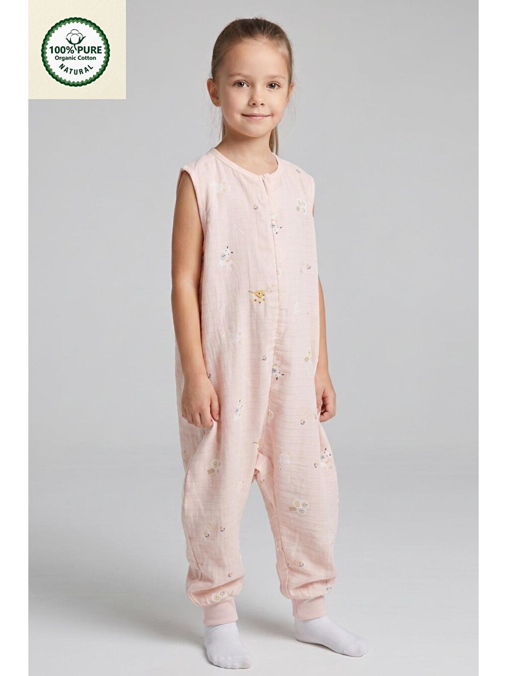 Pembe Müslin Geniş Askılı Bebek Çocuk Uyku Tulumu 0.5 Tog %100 Pamuk Natural-2