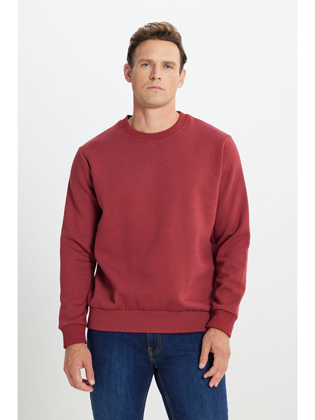 Erkek Bordo Standart Fit Normal Kesim İçi Polarlı Bisiklet Yaka Sweatshirt-1