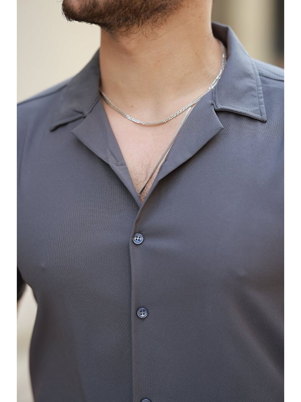 Antrasit Erkek Apaj Yaka Kısa Kollu Gömlek-2