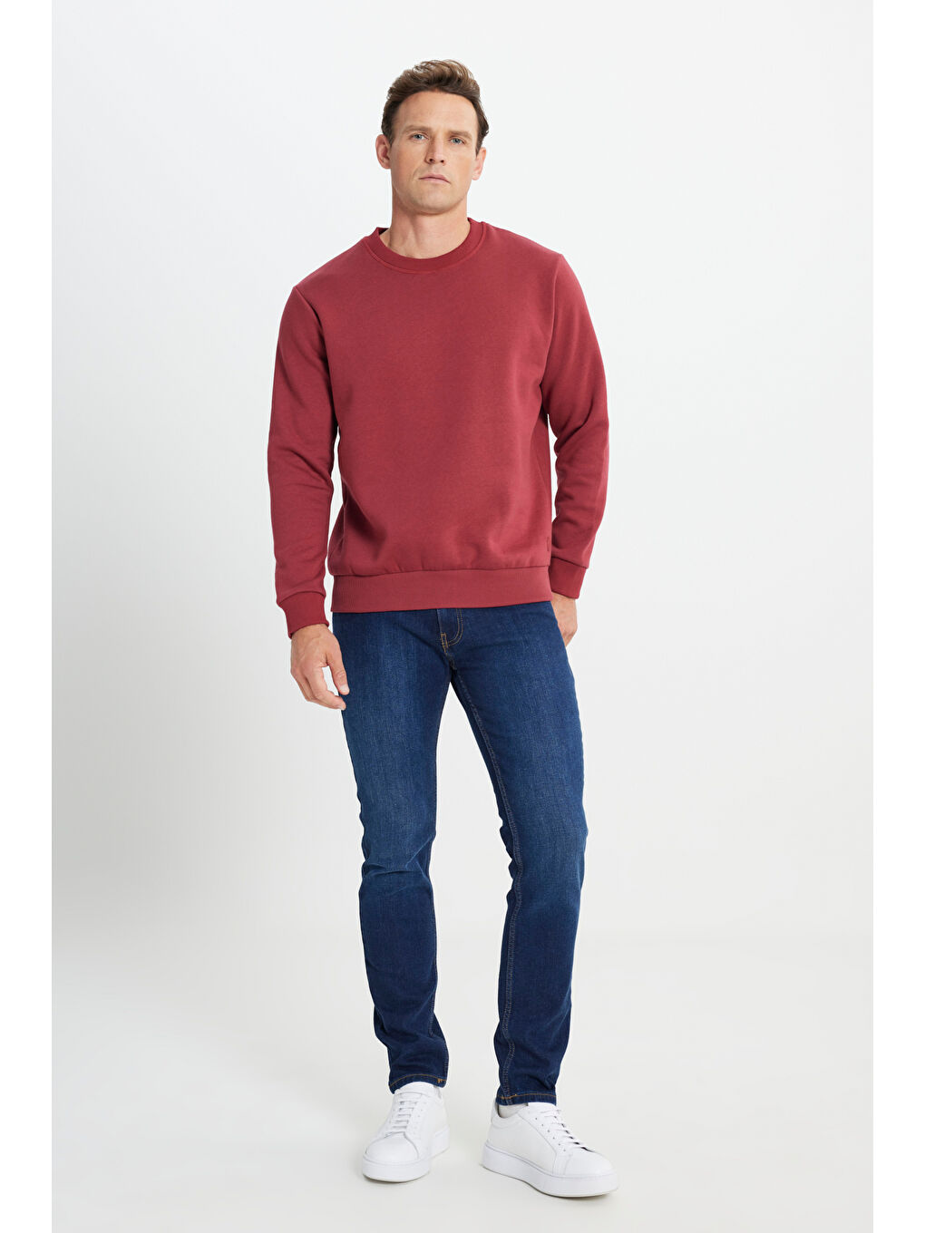 Erkek Bordo Standart Fit Normal Kesim İçi Polarlı Bisiklet Yaka Sweatshirt-2