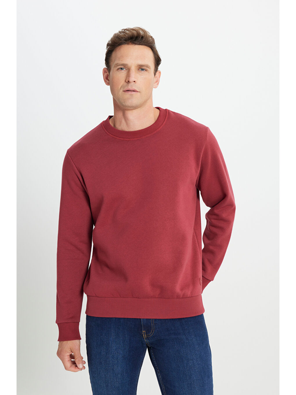 Erkek Bordo Standart Fit Normal Kesim İçi Polarlı Bisiklet Yaka Sweatshirt-3
