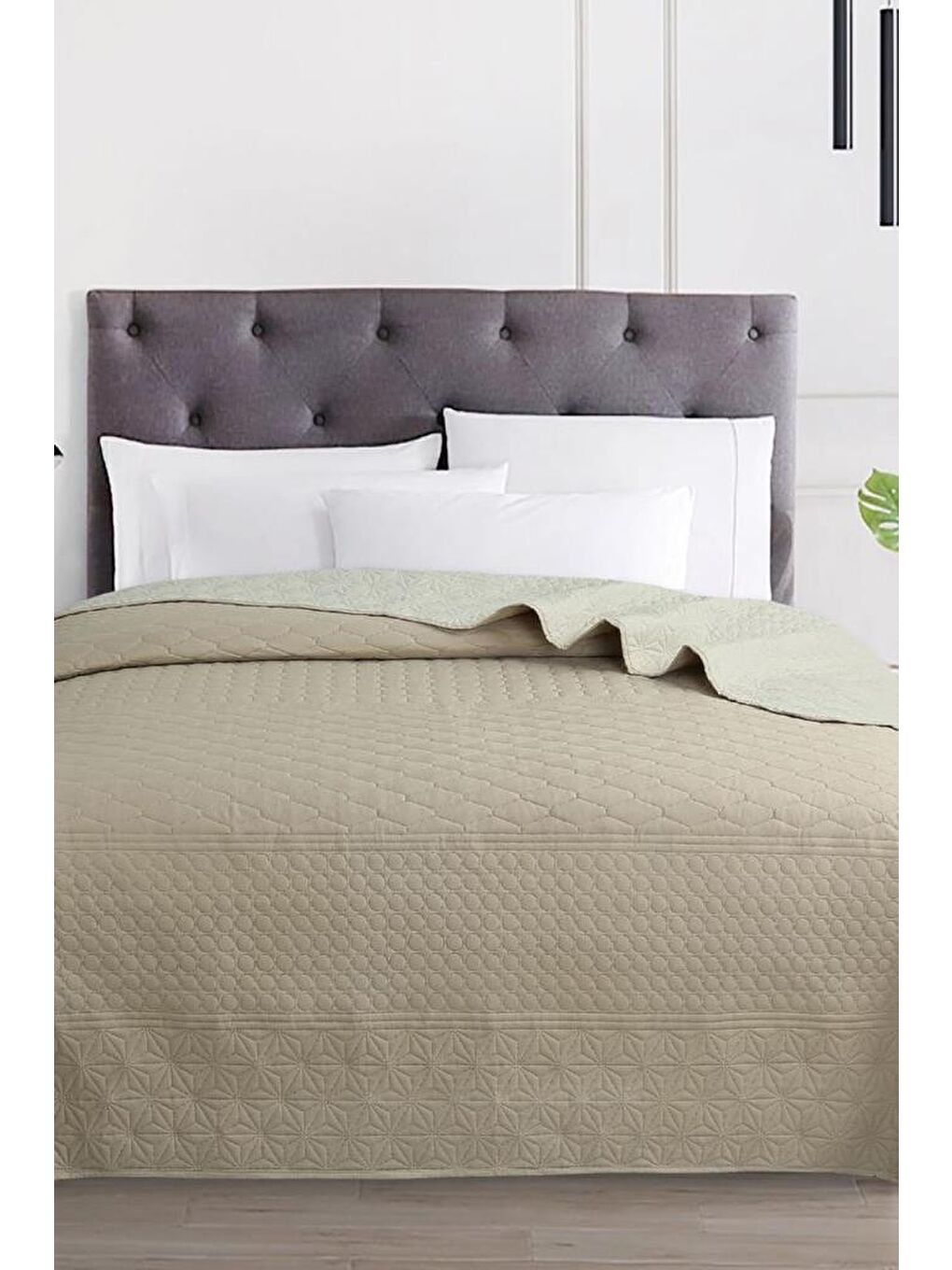 Ultrasonik Kapitoneli Doremi Çift Taraflı Çift Kişilik Yatak Örtüsü Bej