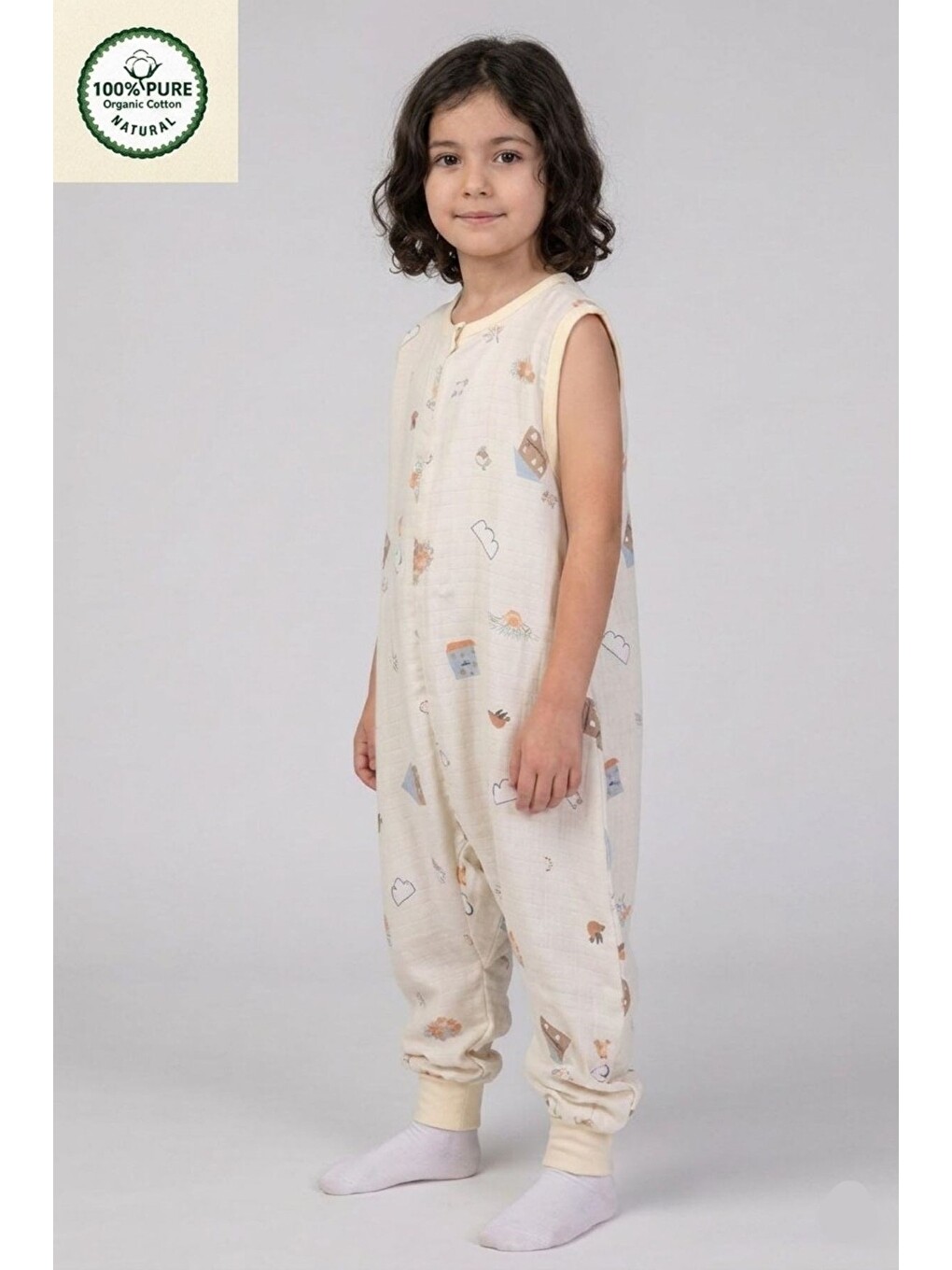 Sarı Müslin Geniş Askılı Bebek Çocuk Uyku Tulumu 0.5 Tog %100 Pamuk Natural-2