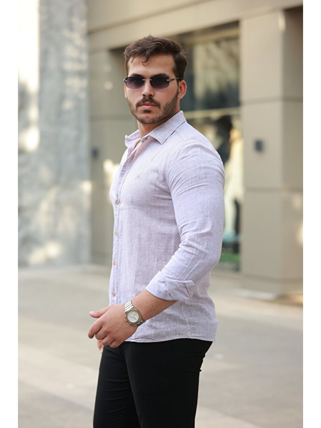 Kahverengi Erkek Pamuklu Keten Gömlek-1