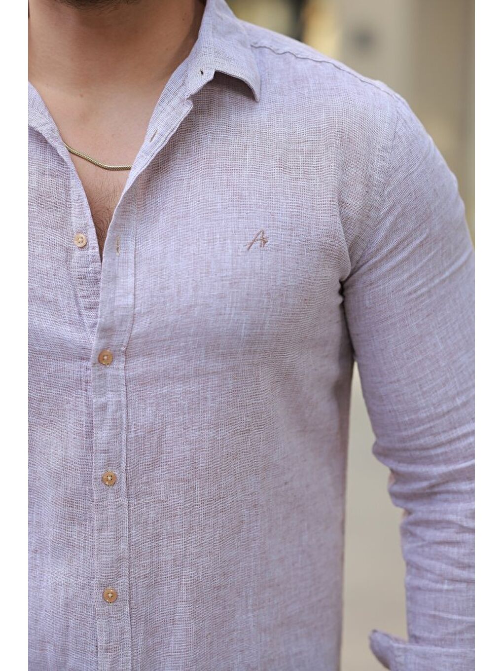 Kahverengi Erkek Pamuklu Keten Gömlek-2