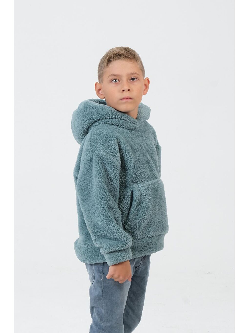 Yeşil Erkek Çocuk Peluş Kapüşonlu Üst-3