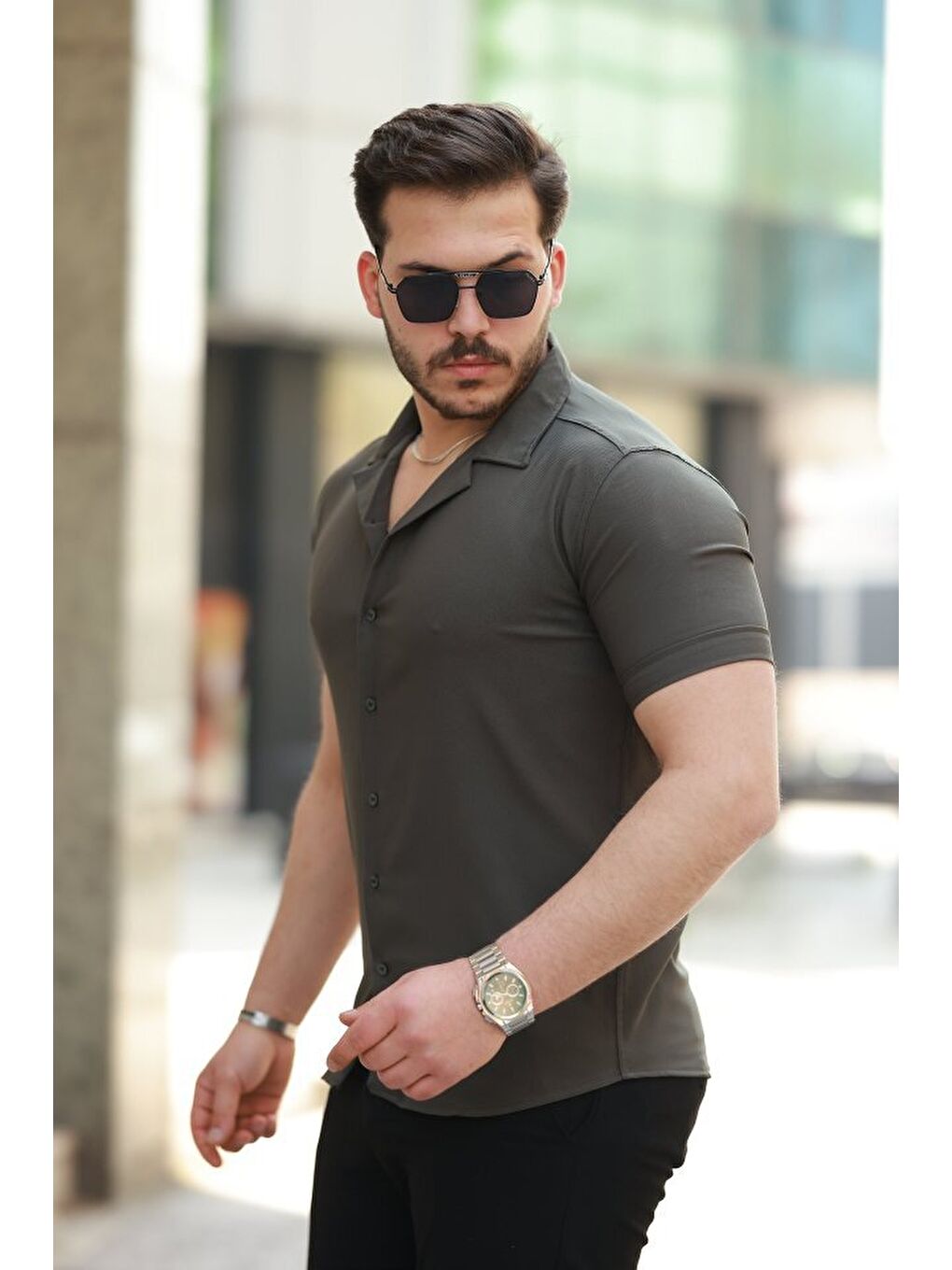 Haki Erkek Apaj Yaka Kısa Kollu Gömlek-1