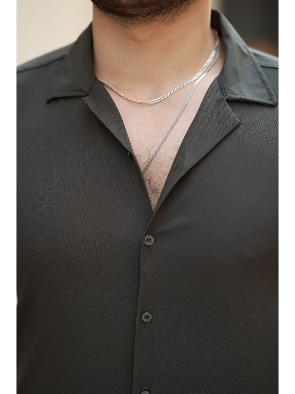 Haki Erkek Apaj Yaka Kısa Kollu Gömlek-2