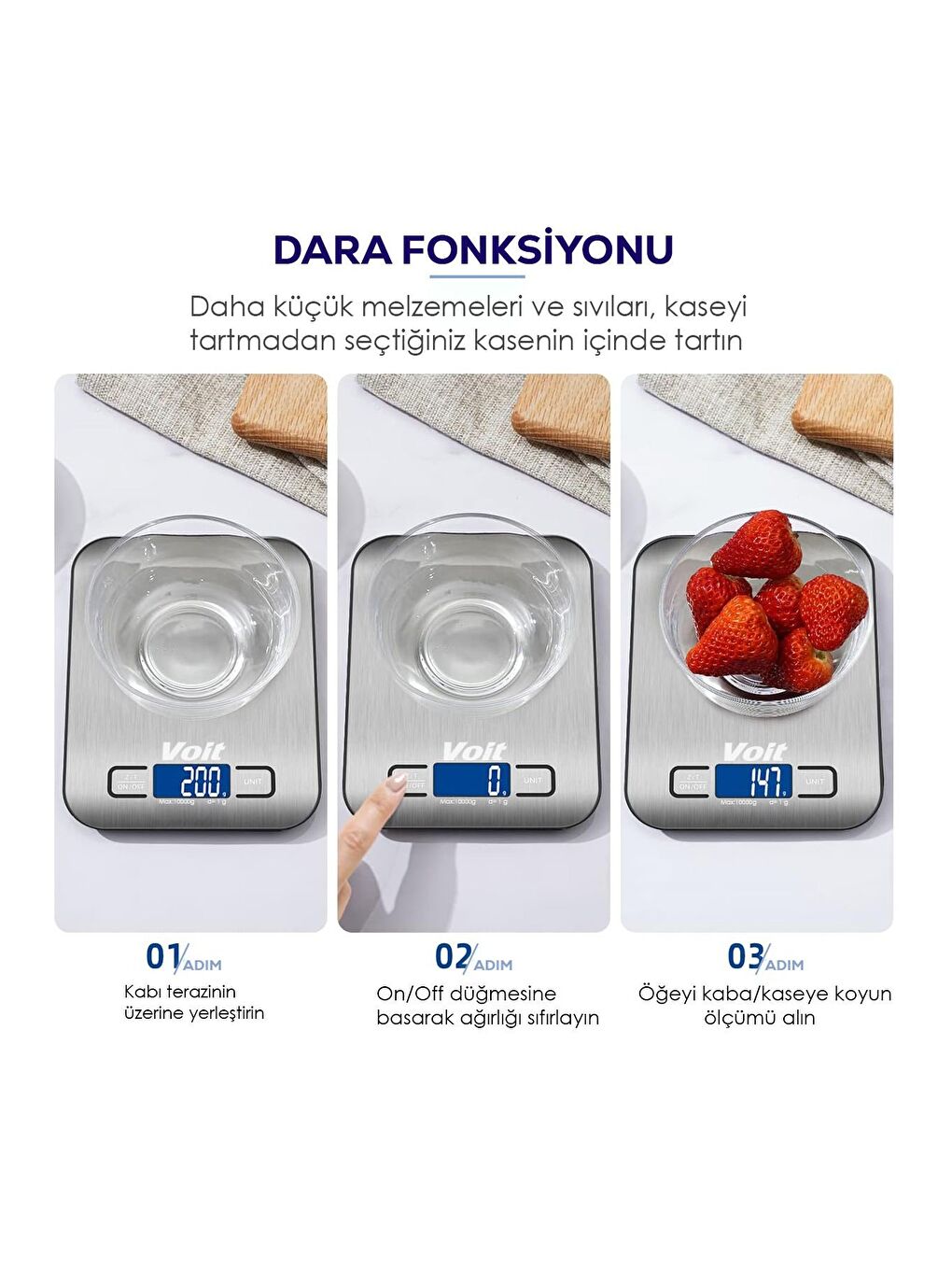 Voit Sc20 Hassas Mutfak Terazisi-lcd Ekranlı Dijital Tartı- Çelik Mutfak Ölçüm Tartısı 10kg & 1g - 3