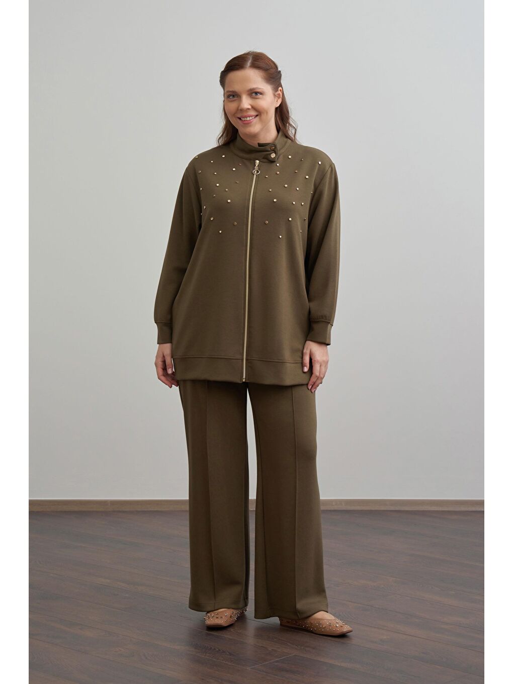 Haki-Yumuşak Dokulu Büyük Beden Droplu Eşofman Takımı