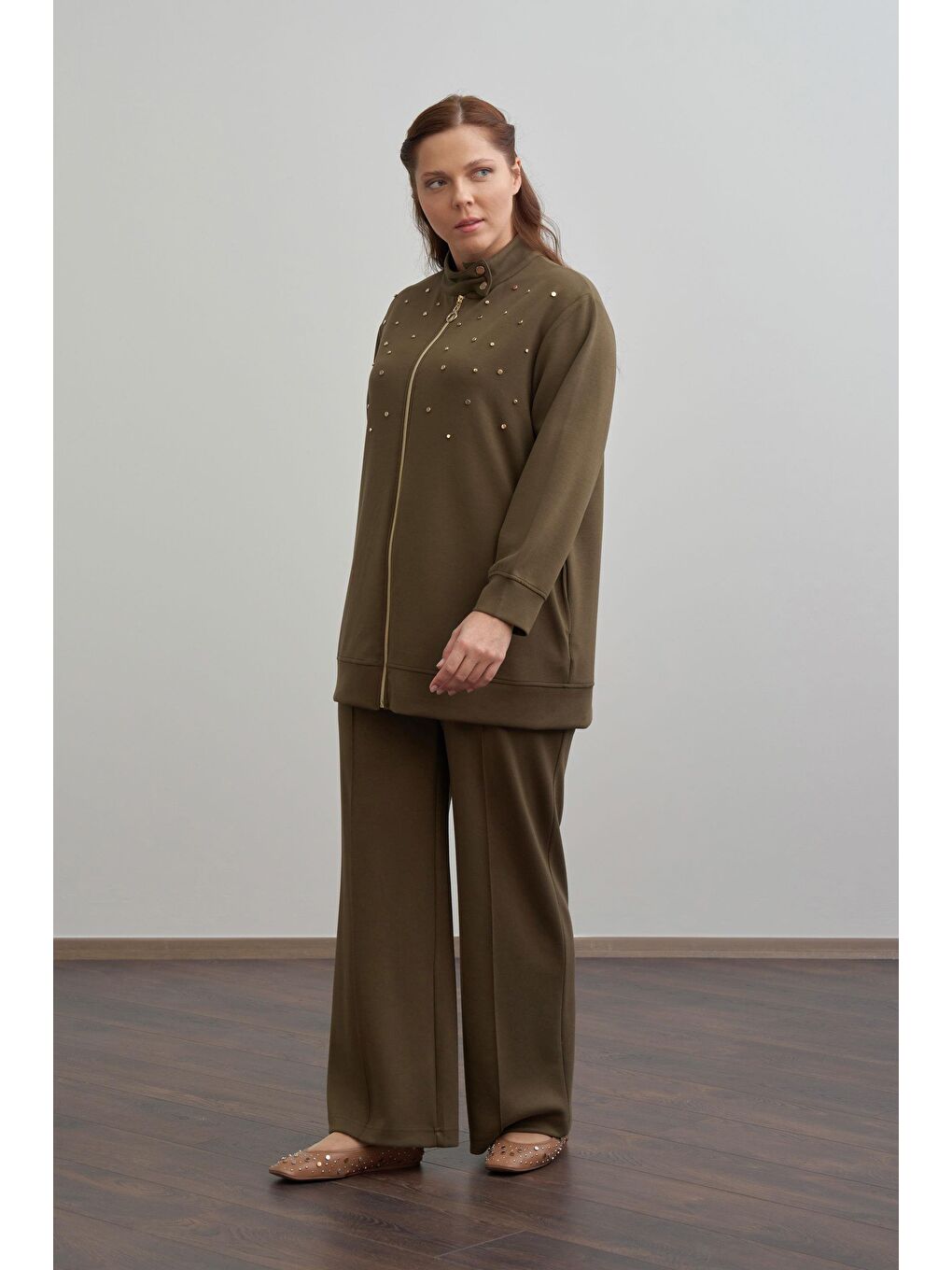 Haki-Yumuşak Dokulu Büyük Beden Droplu Eşofman Takımı-1