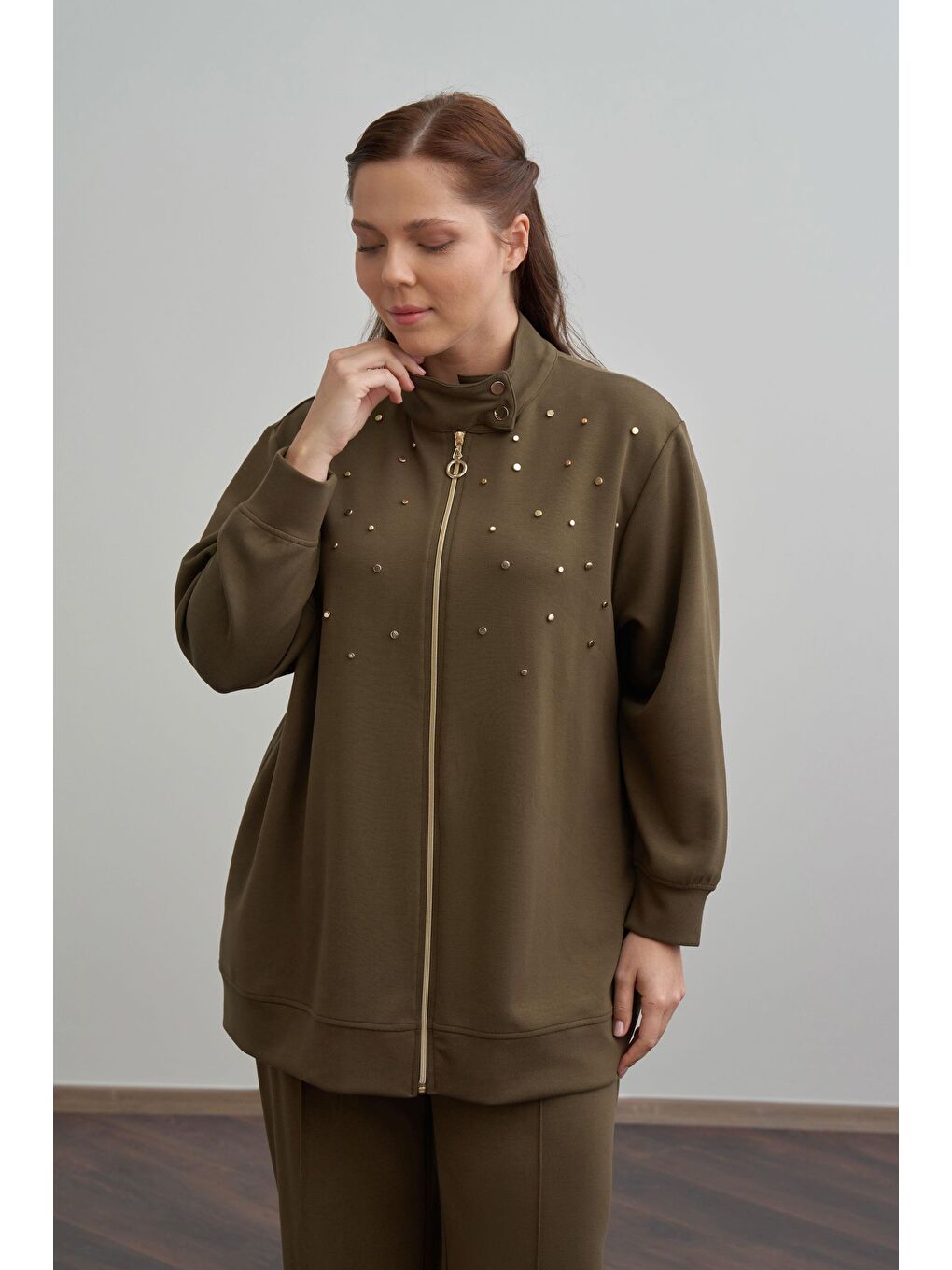 Haki-Yumuşak Dokulu Büyük Beden Droplu Eşofman Takımı-3