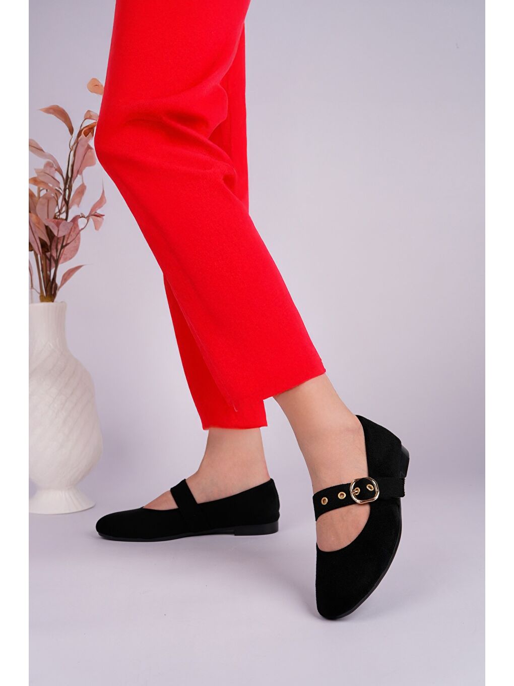 Siyah HALSEY Gold Tokalı Deri Kadın Babet Ayakkabı-4