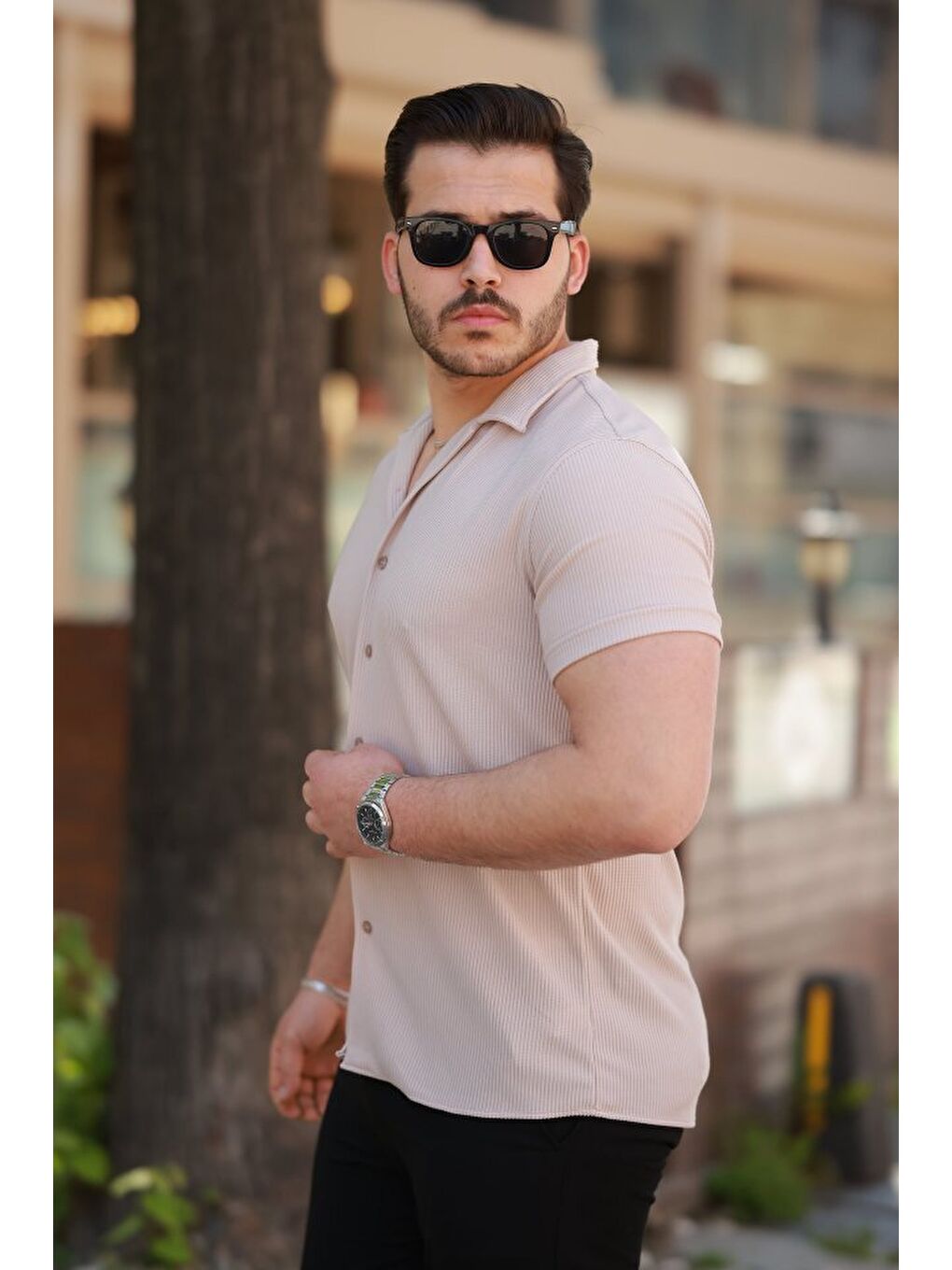 Bej Erkek Ottoman Kumaş Apaj Yaka Kısa Kollu Gömlek-1