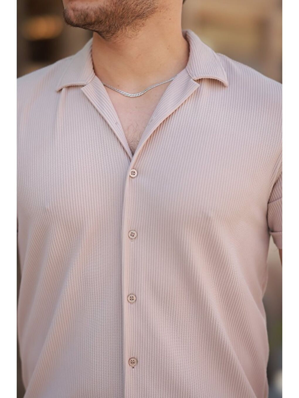 Bej Erkek Ottoman Kumaş Apaj Yaka Kısa Kollu Gömlek-2