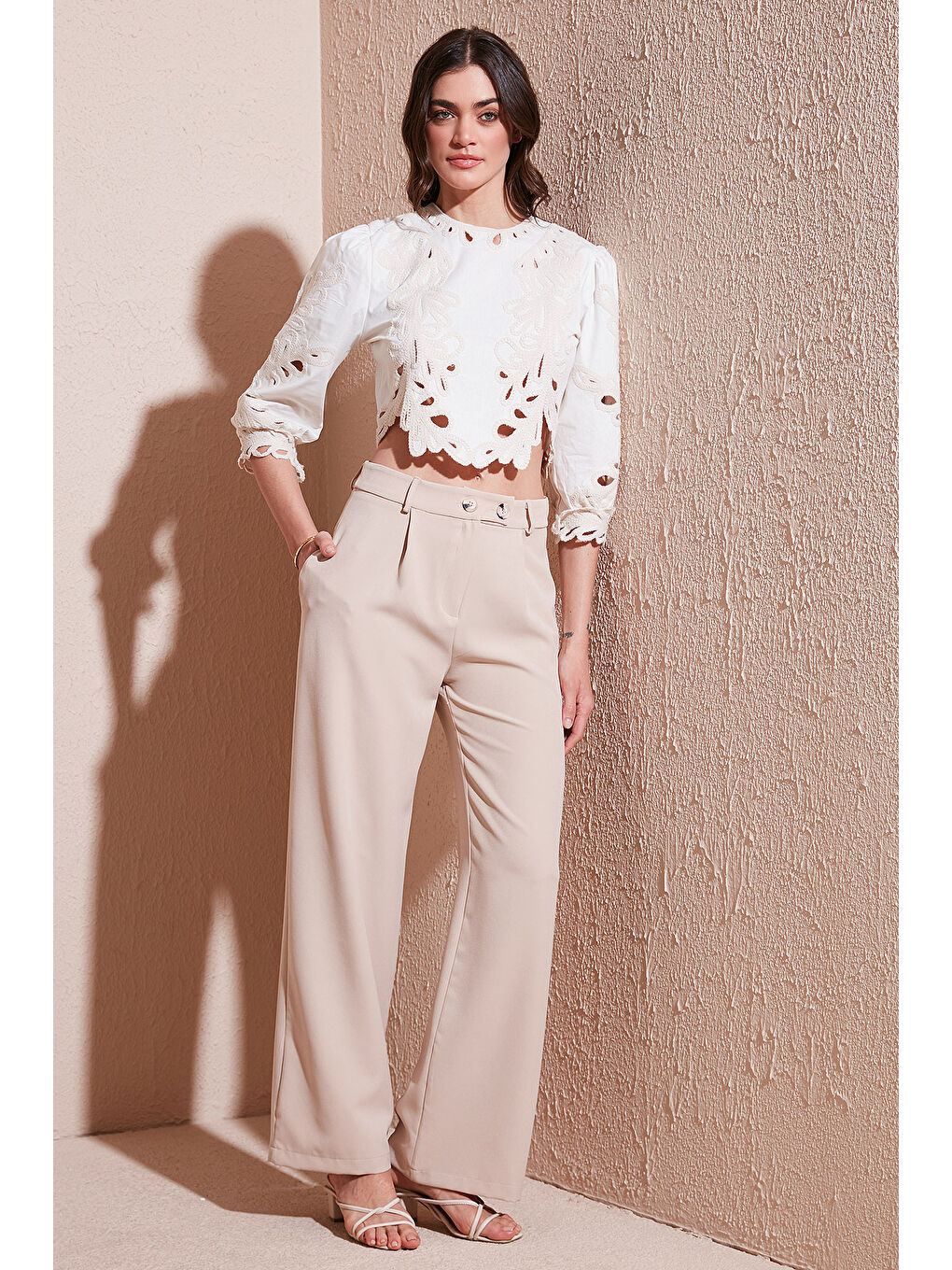 Bej Standart Fit Yüksek Bel Bol Paça Pantolon 6522280-1