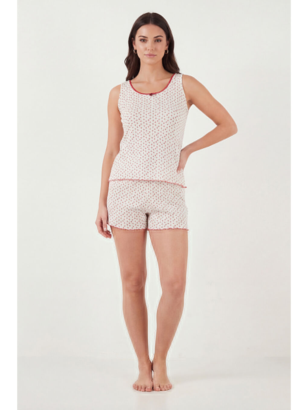 Ekru Pamuklu Yumuşak Dokulu Desenli Şortlu Pijama Takımı 65770754