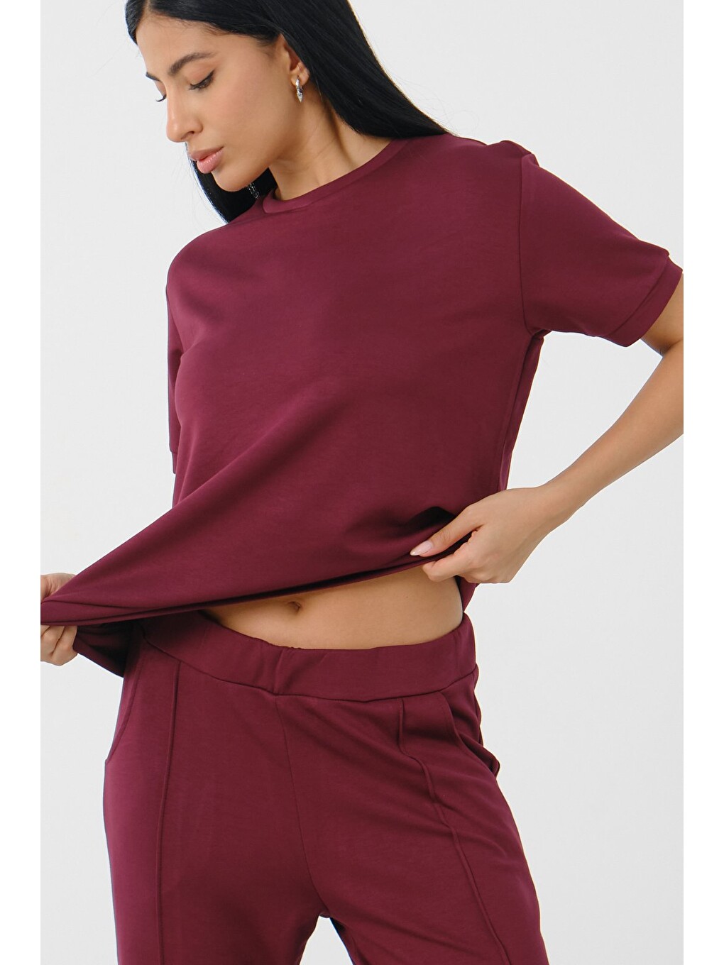 Bordo Kadın Modal Kumaş Relax Fit İkili Takım Kısa Kollu Günlük Takım-2