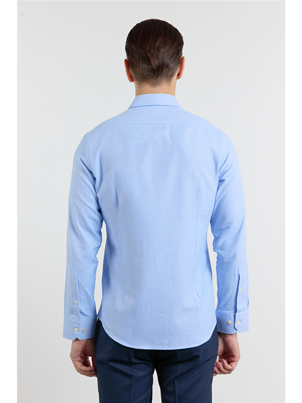Mavi Sert Yaka Uzun Kol Cepsiz Slim Fit Pamuklu Gömlek 1004255284-4