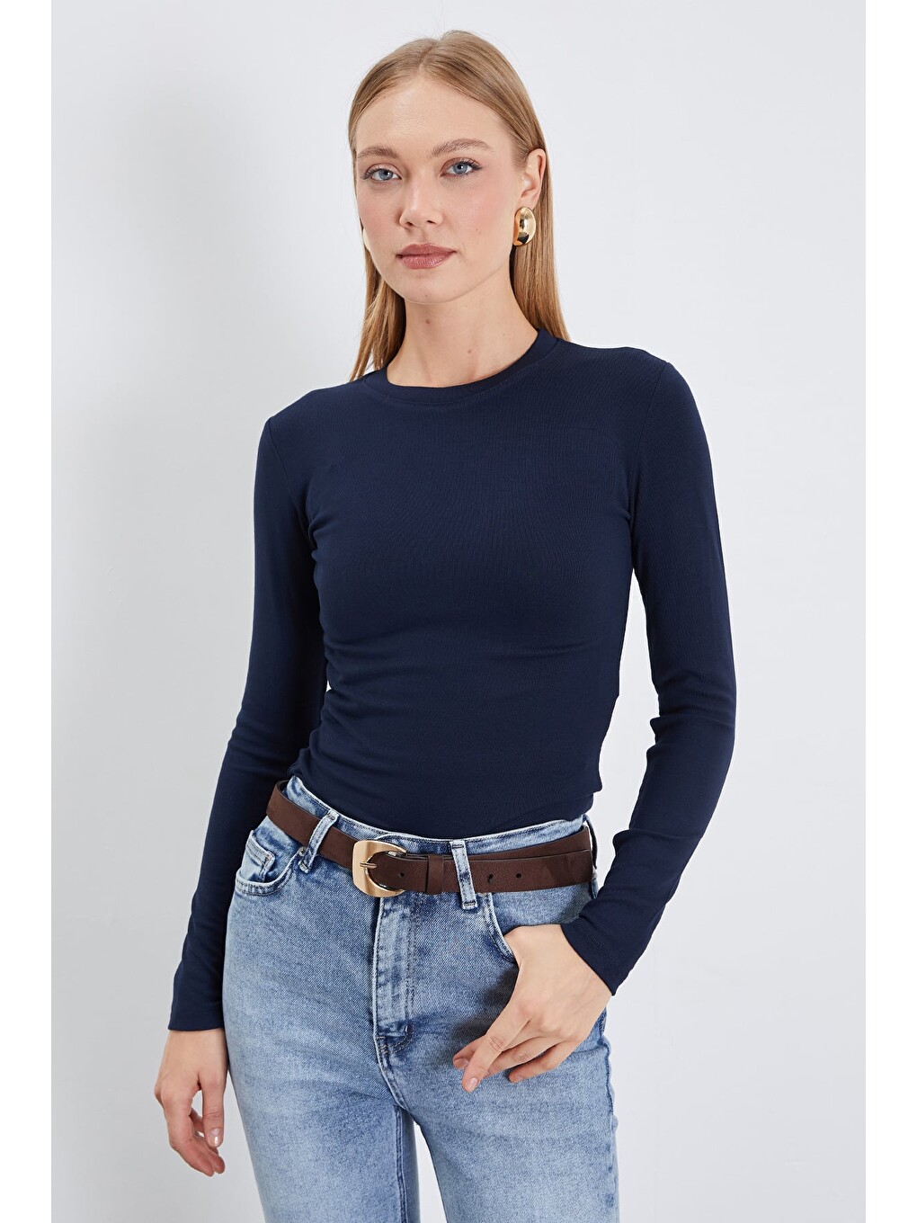 Lacivert Basic Bisiklet Yaka Slim Fit Crop Bluz