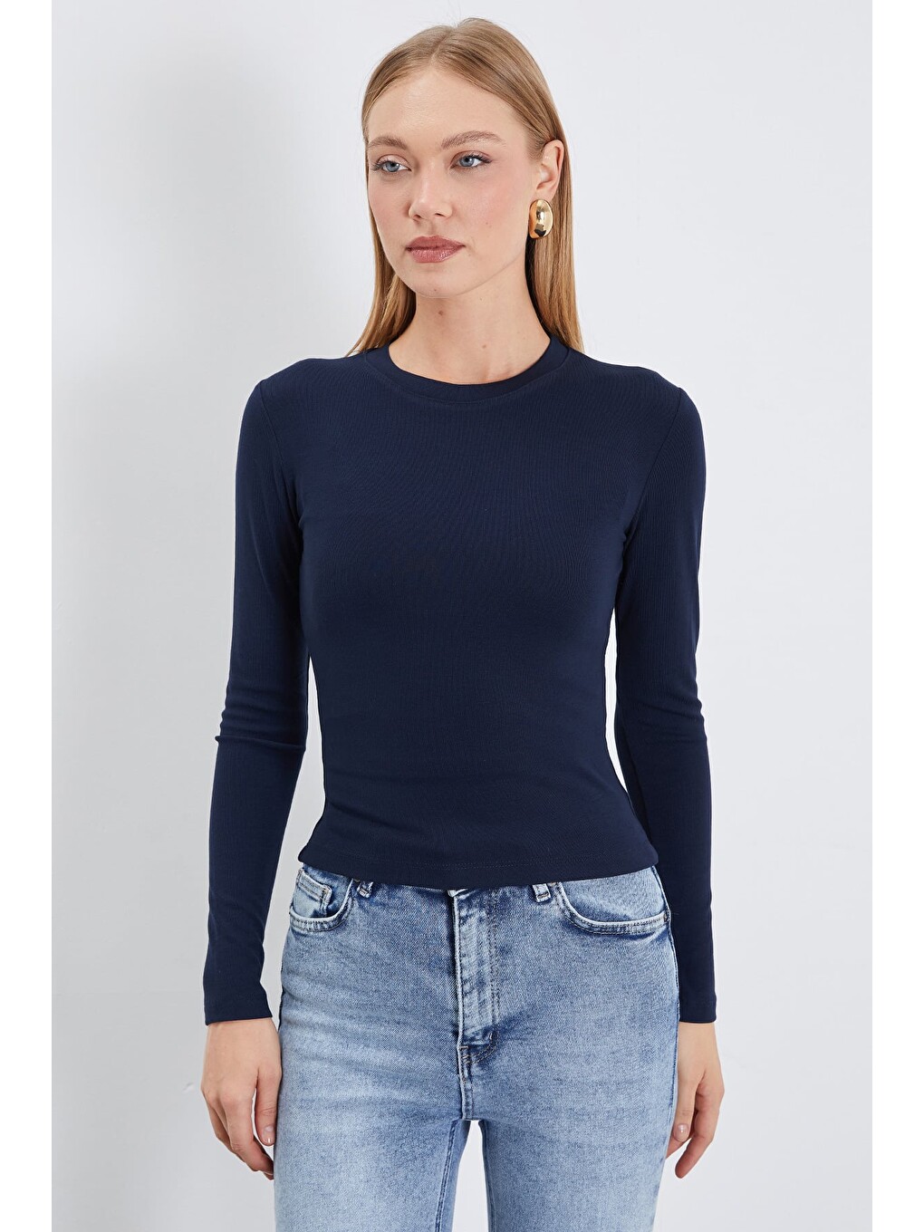 Lacivert Basic Bisiklet Yaka Slim Fit Crop Bluz-3