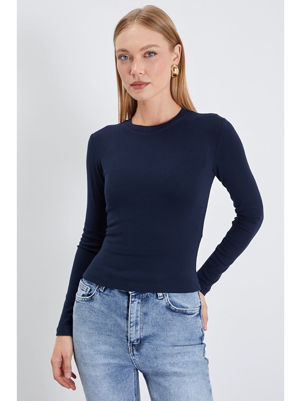 Lacivert Basic Bisiklet Yaka Slim Fit Crop Bluz-4