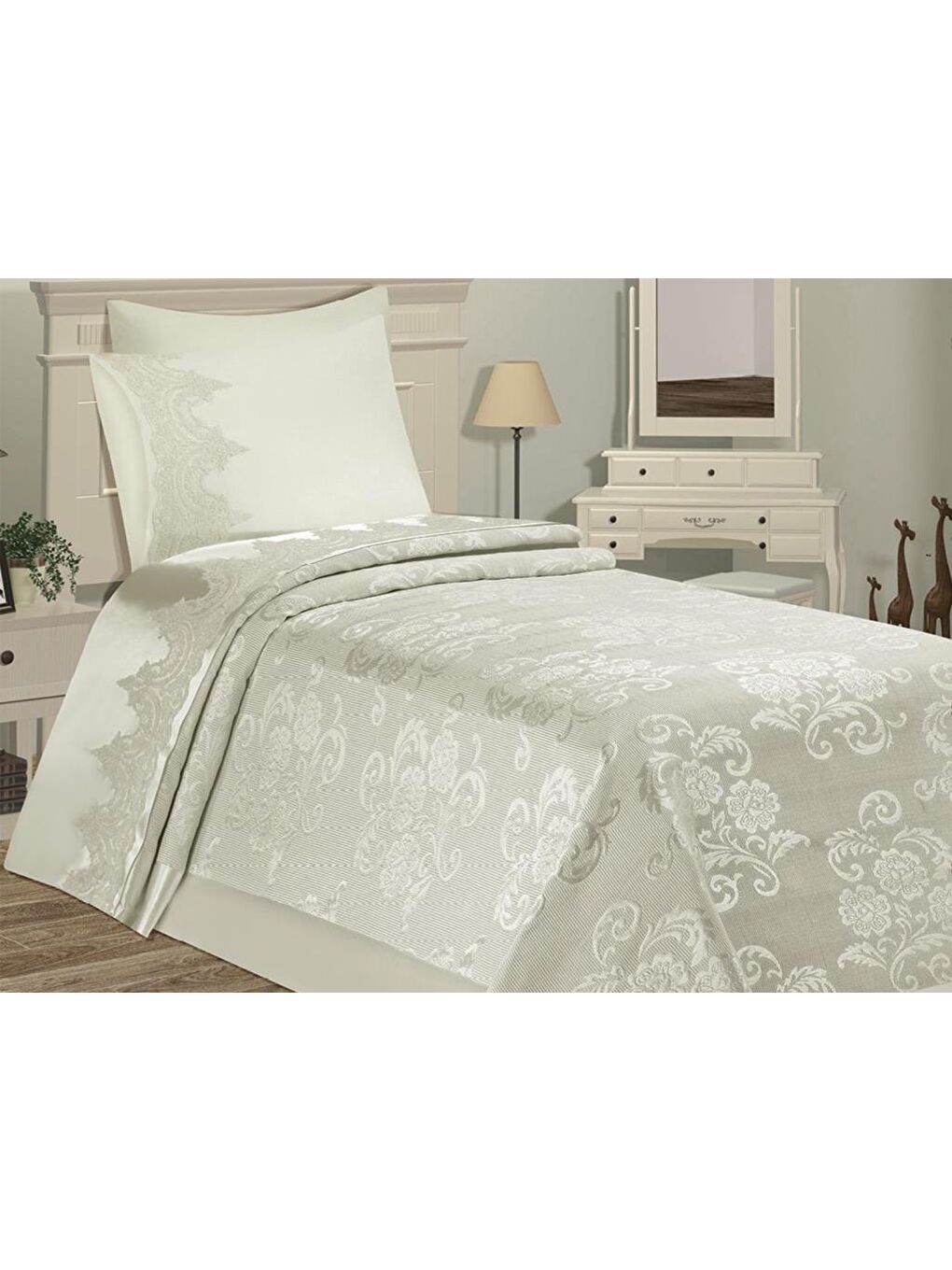 Ekru Violet Tek Kişilik Pike Takımı Krem