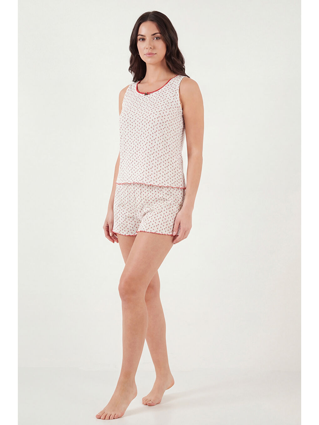 Ekru Pamuklu Yumuşak Dokulu Desenli Şortlu Pijama Takımı 65770754-4