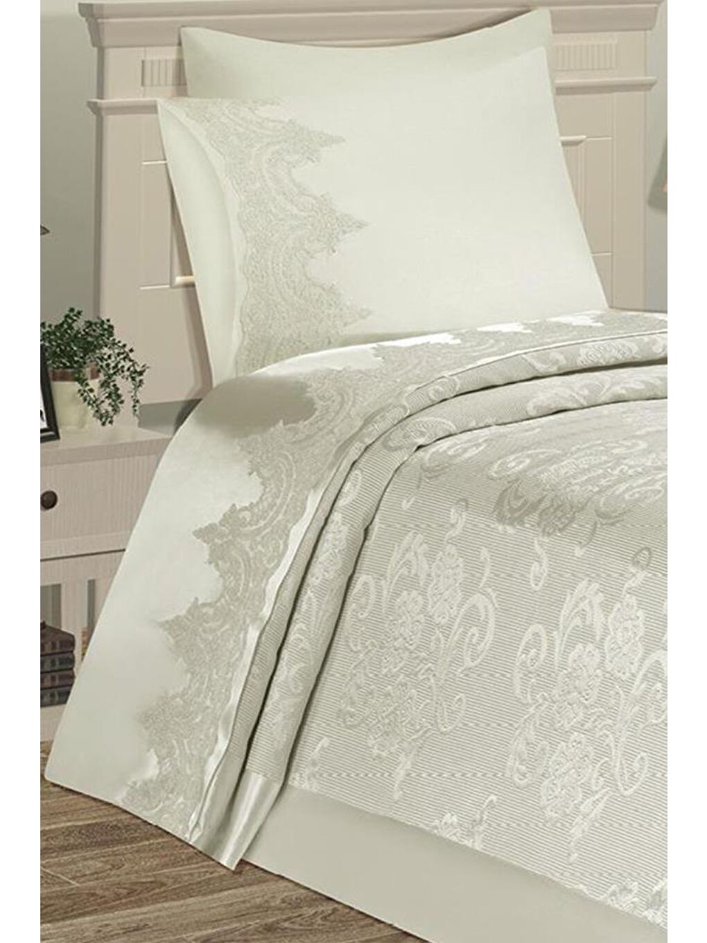 Ekru Violet Tek Kişilik Pike Takımı Krem-1