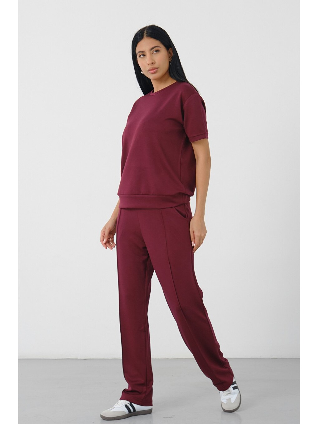 Bordo Kadın Modal Kumaş Relax Fit İkili Takım Kısa Kollu Günlük Takım-3