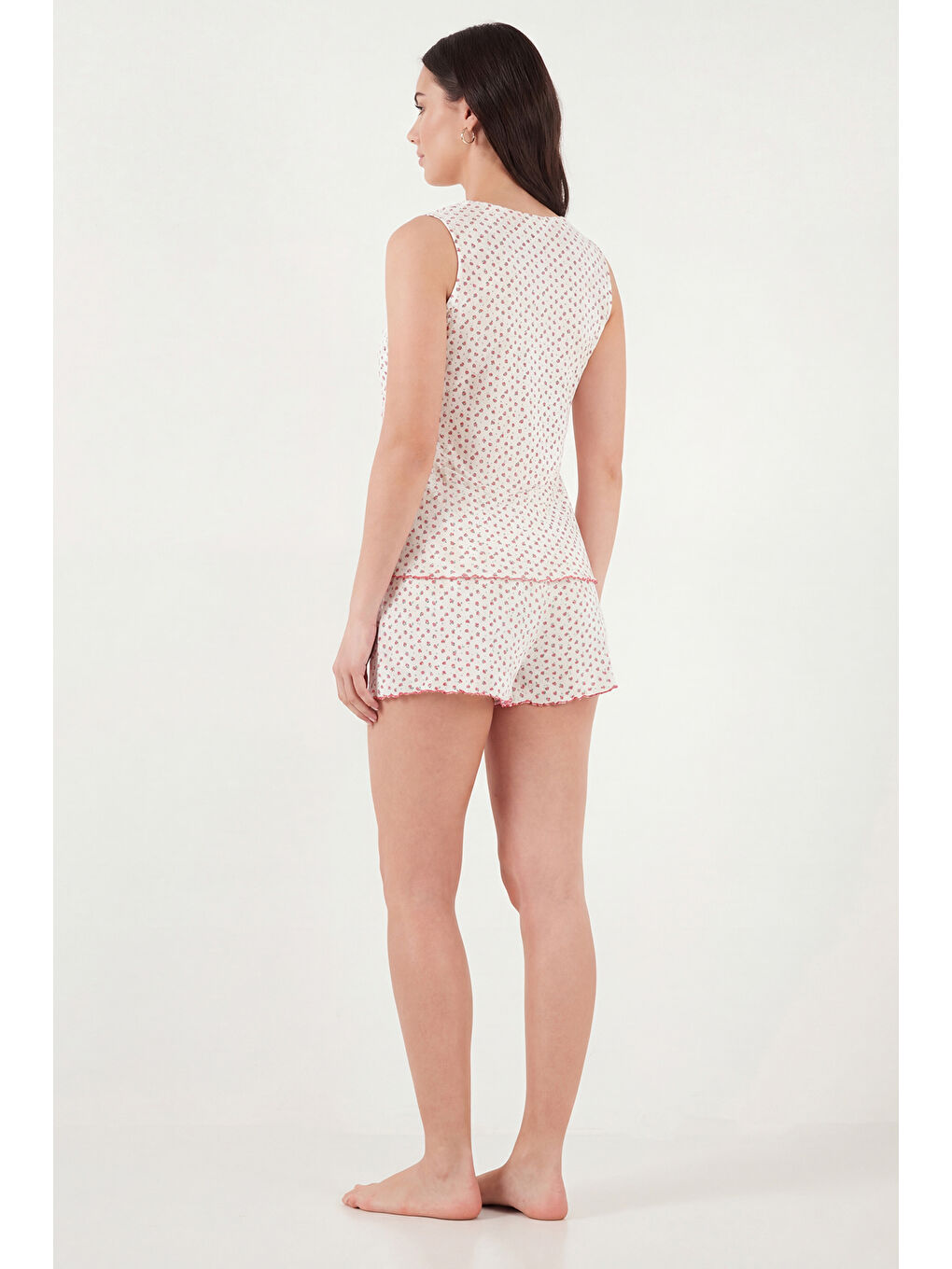 Ekru Pamuklu Yumuşak Dokulu Desenli Şortlu Pijama Takımı 65770754-5