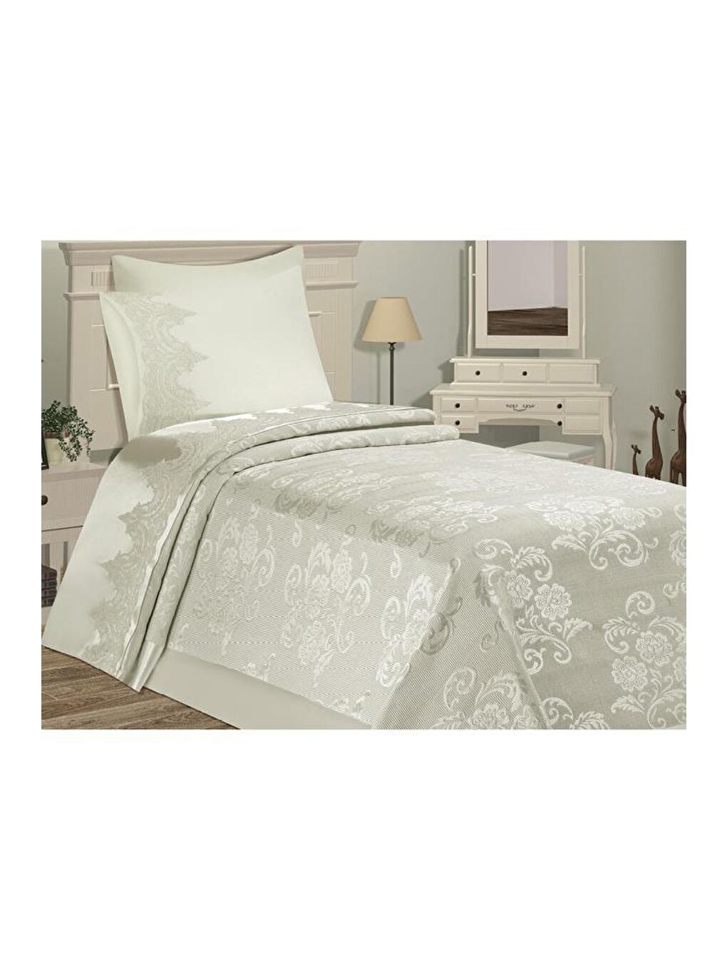 Ekru Violet Tek Kişilik Pike Takımı Krem-2