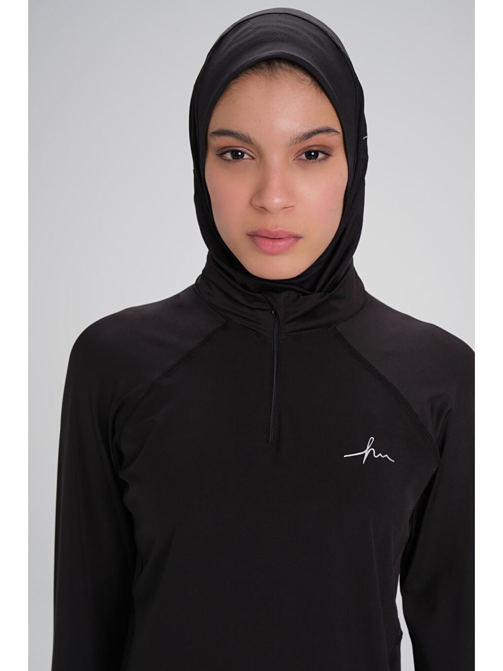 Active H-Per Cepli Uzun Kollu Fermuarlı Yaka Siyah Tesettür Antrenman Tişörtü Act-7-9
