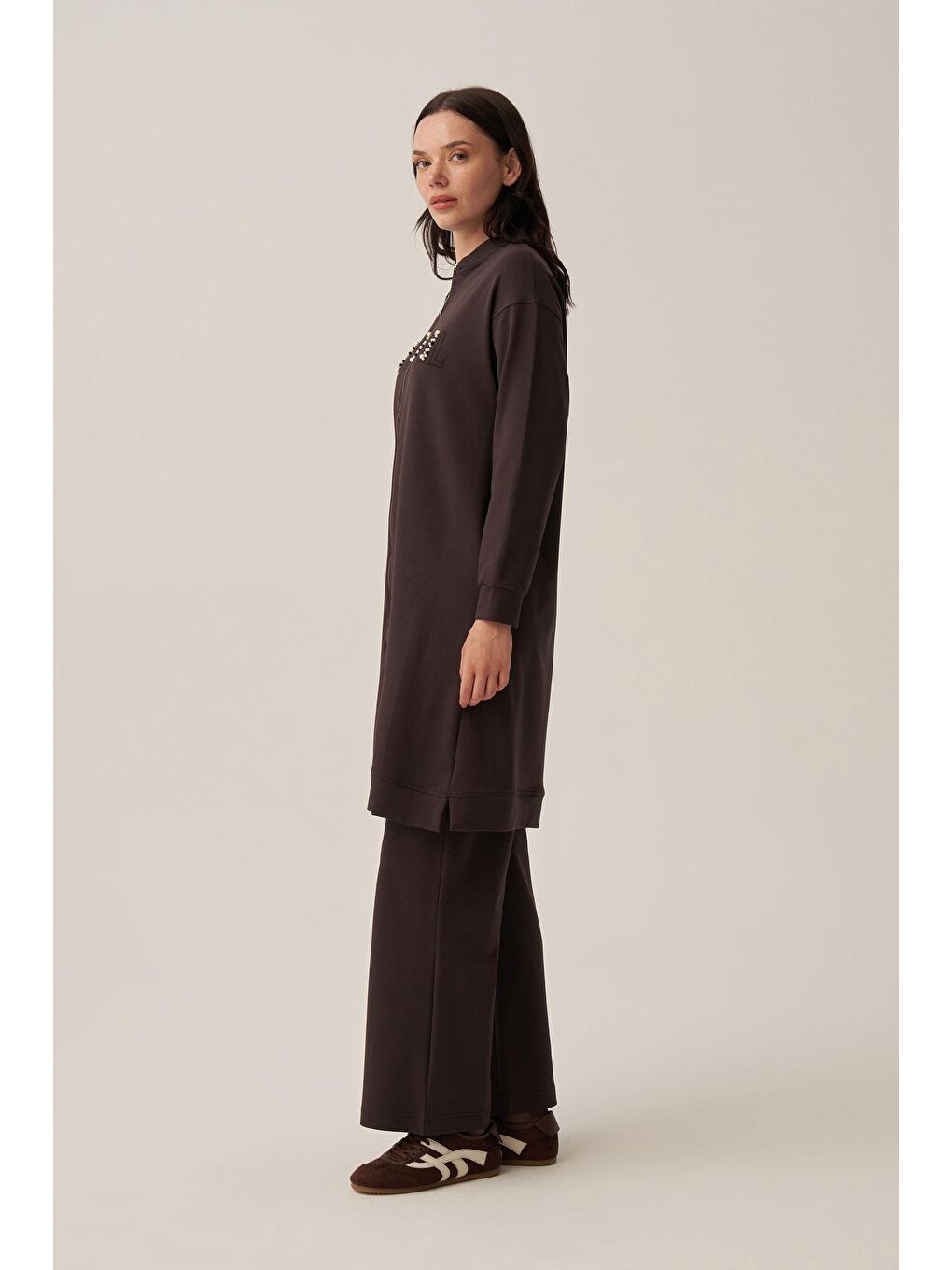 Kahverengi Acı Kahve-Pamuklu Nakışlı Eşofman Takımı-2