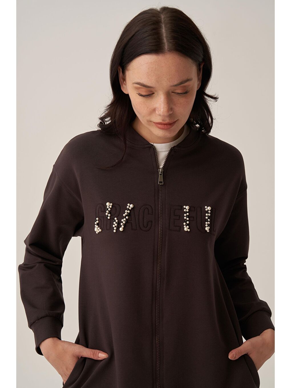 Kahverengi Acı Kahve-Pamuklu Nakışlı Eşofman Takımı-4