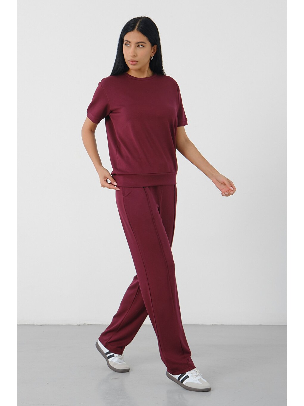 Bordo Kadın Modal Kumaş Relax Fit İkili Takım Kısa Kollu Günlük Takım-5