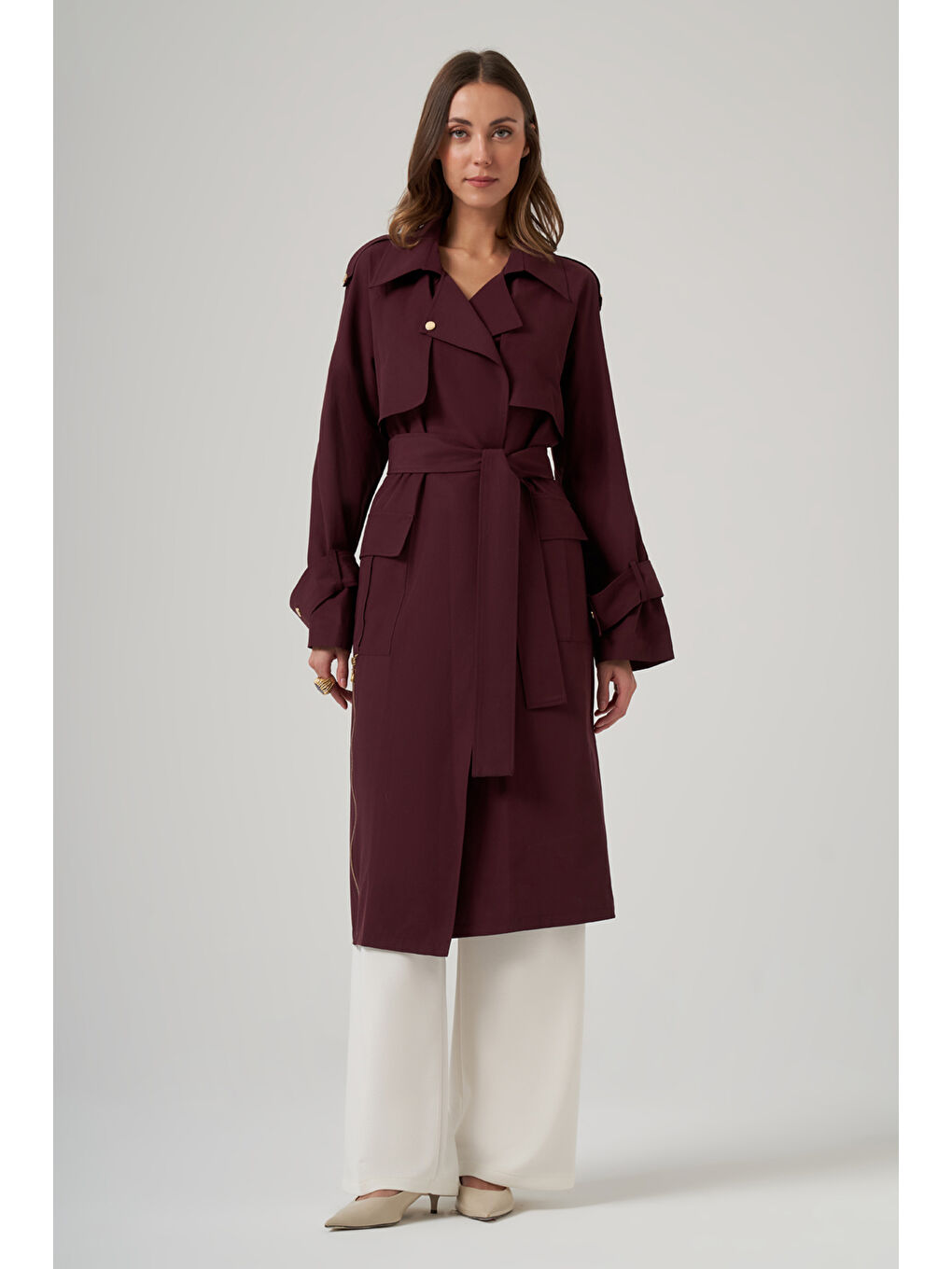 Kuşak Detay Kap Ceket 6045 Mürdüm-4