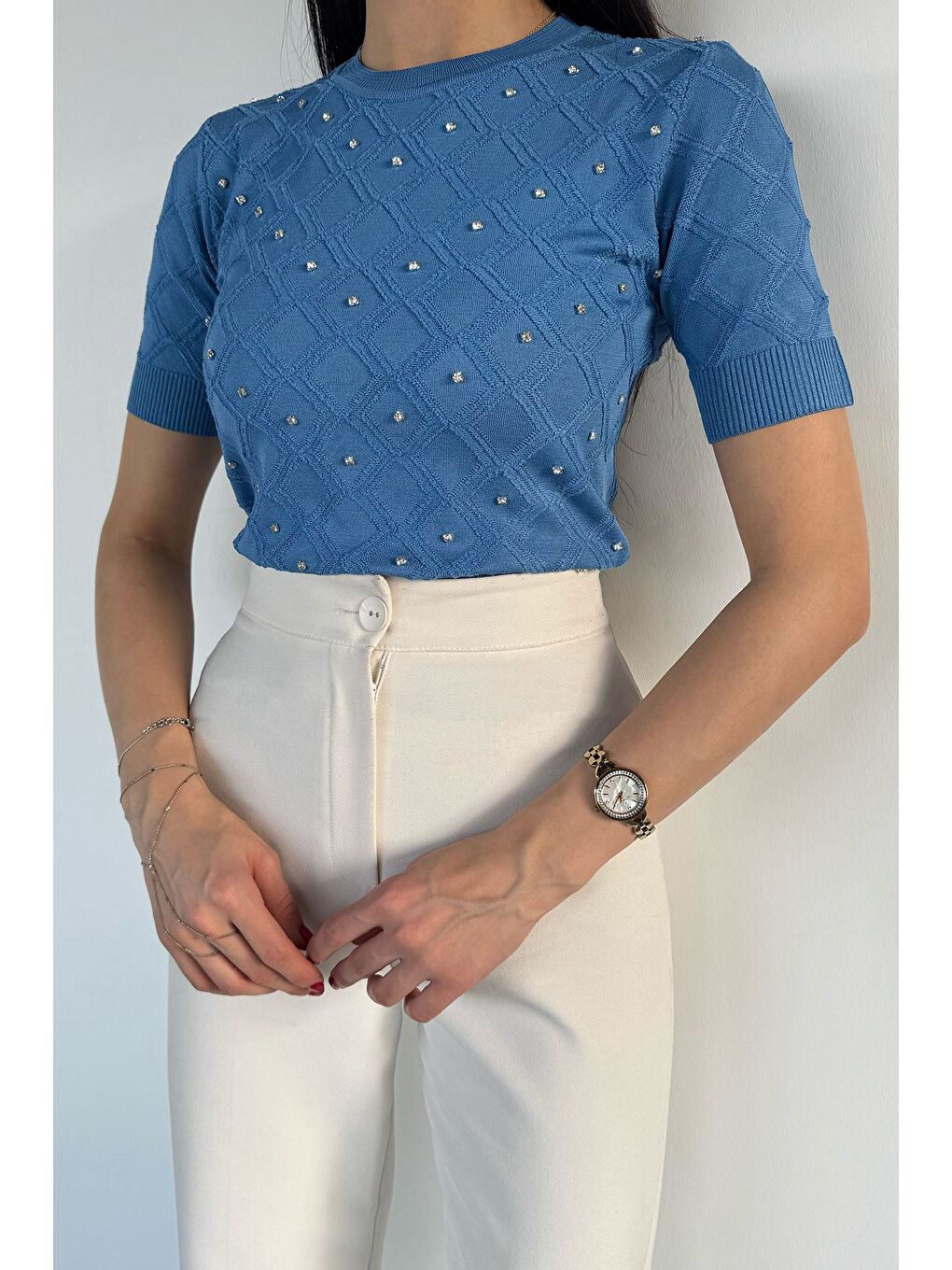İndigo Kadın Taşlı Kısa Kol Triko Bluz-1