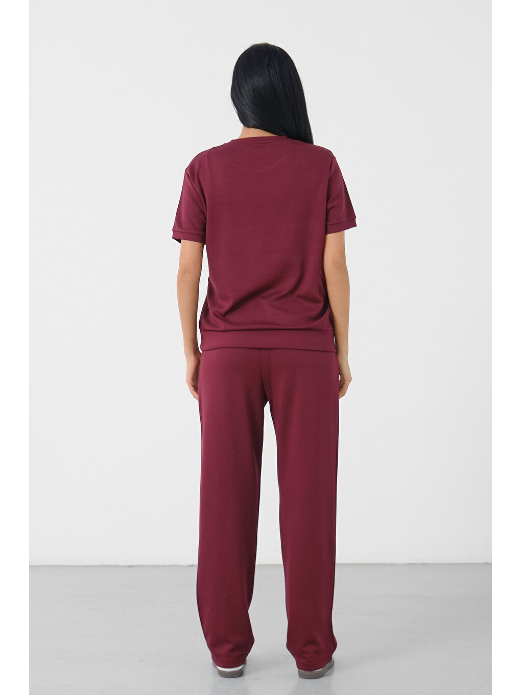 Bordo Kadın Modal Kumaş Relax Fit İkili Takım Kısa Kollu Günlük Takım-6