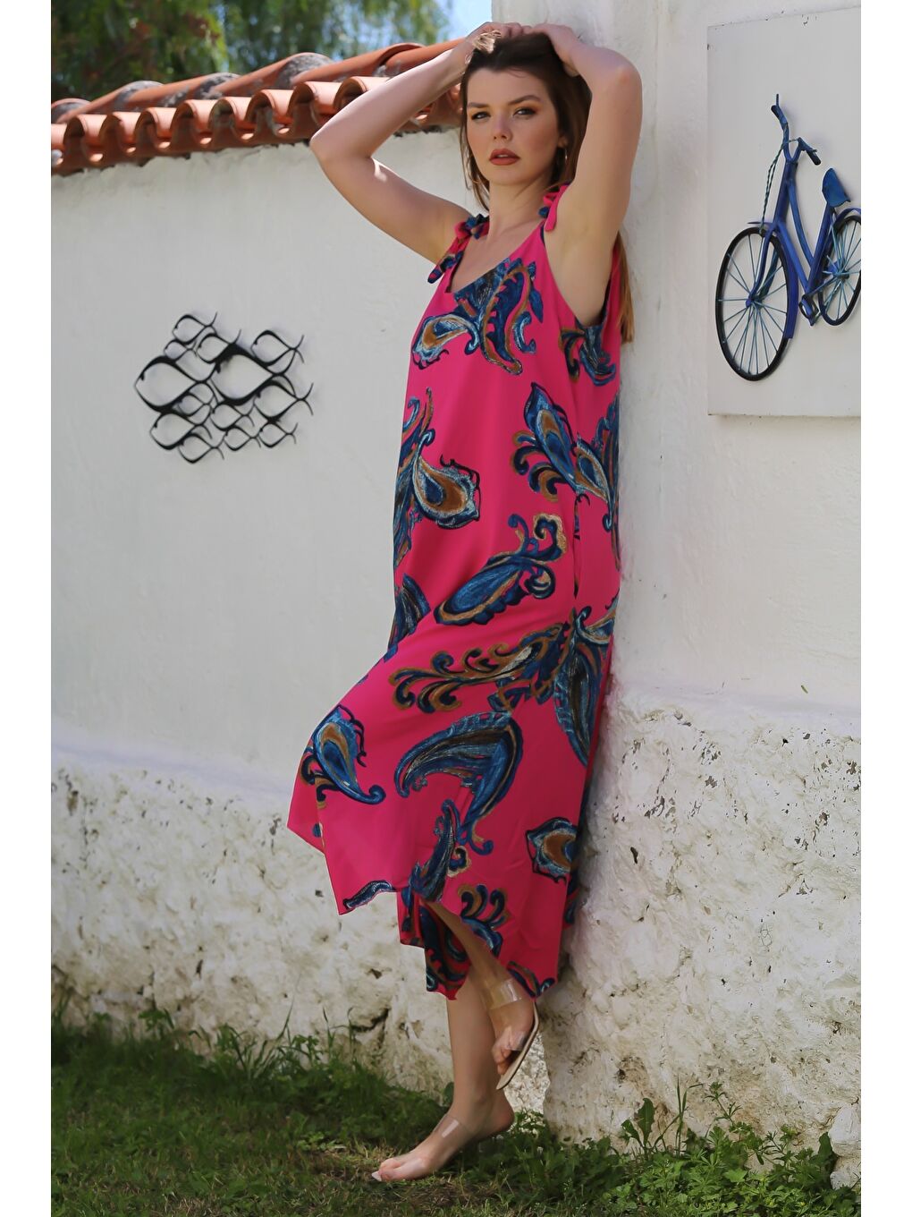 Fuşya Yakasız Askılı Şal Desenli Gizli Cepli Casual Viskon Dokuma Elbise 125 58-2