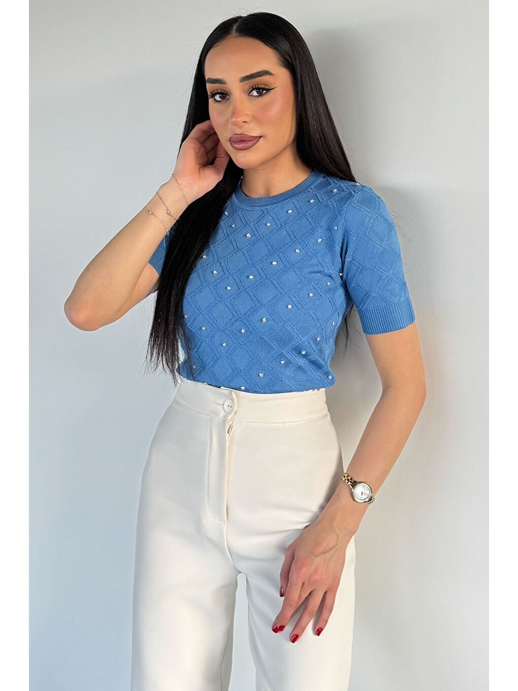 İndigo Kadın Taşlı Kısa Kol Triko Bluz-2