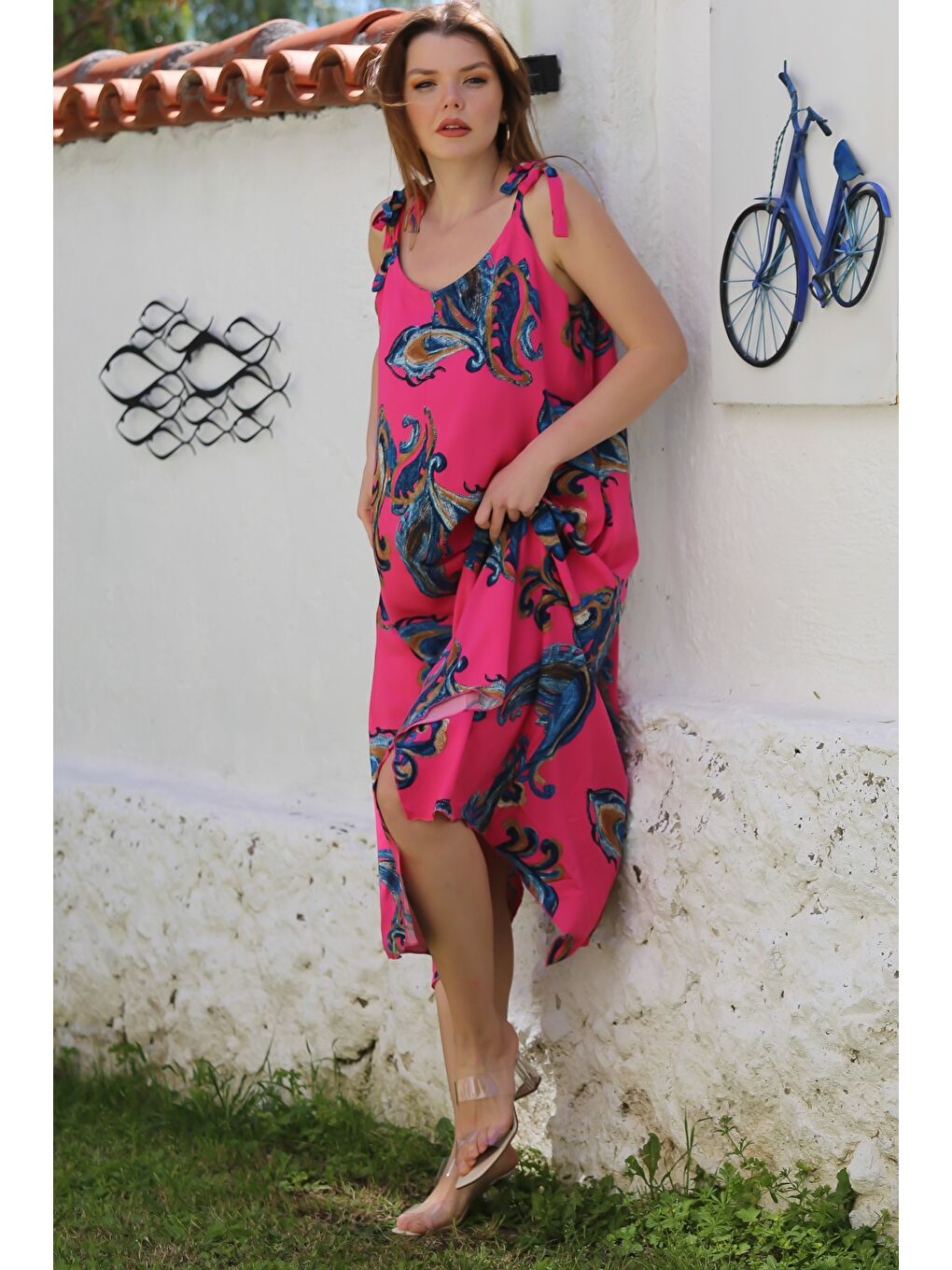 Fuşya Yakasız Askılı Şal Desenli Gizli Cepli Casual Viskon Dokuma Elbise 125 58-3