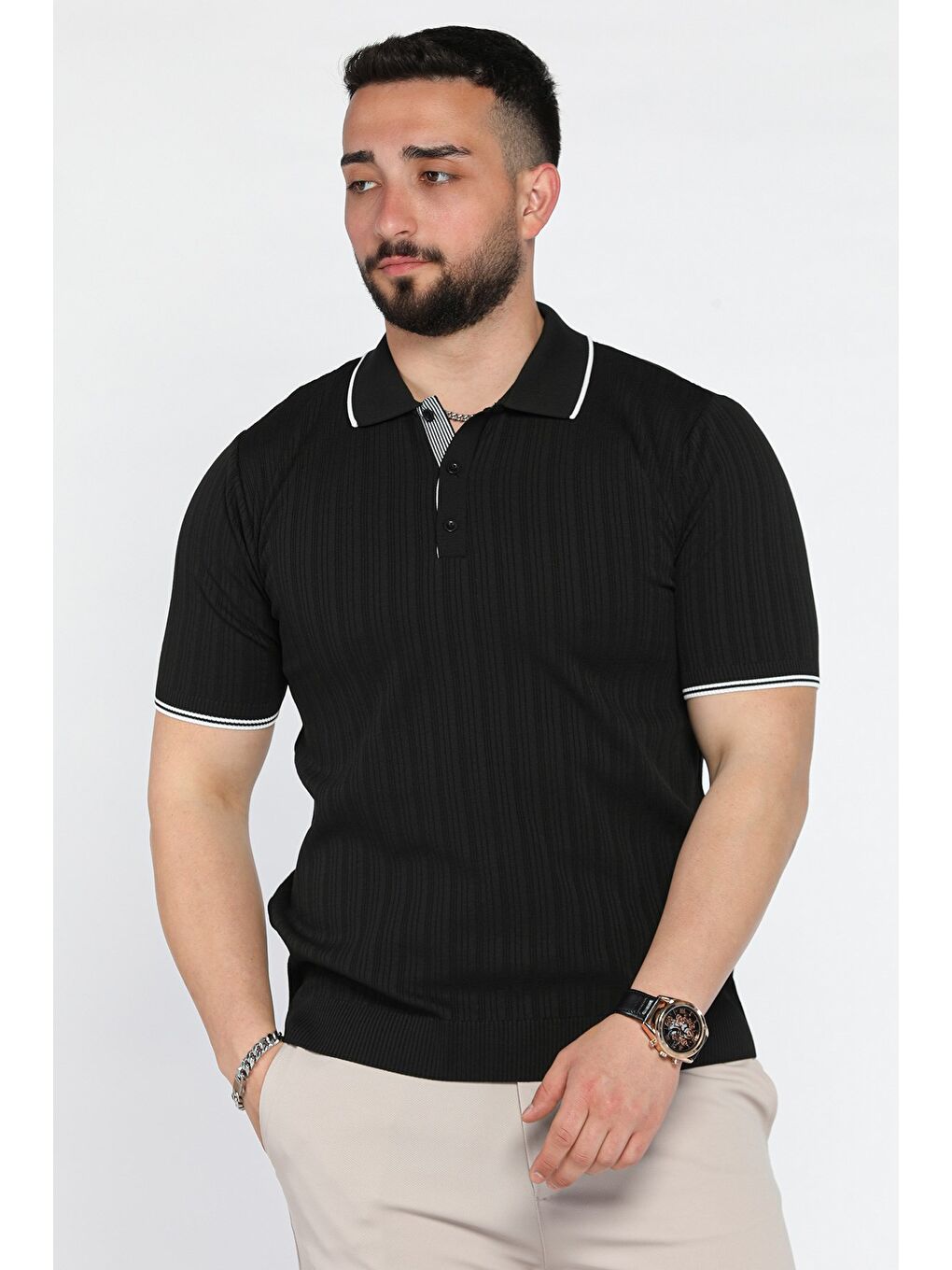 Siyah Erkek Polo Yaka Yarım Düğmeli Triko Tişört