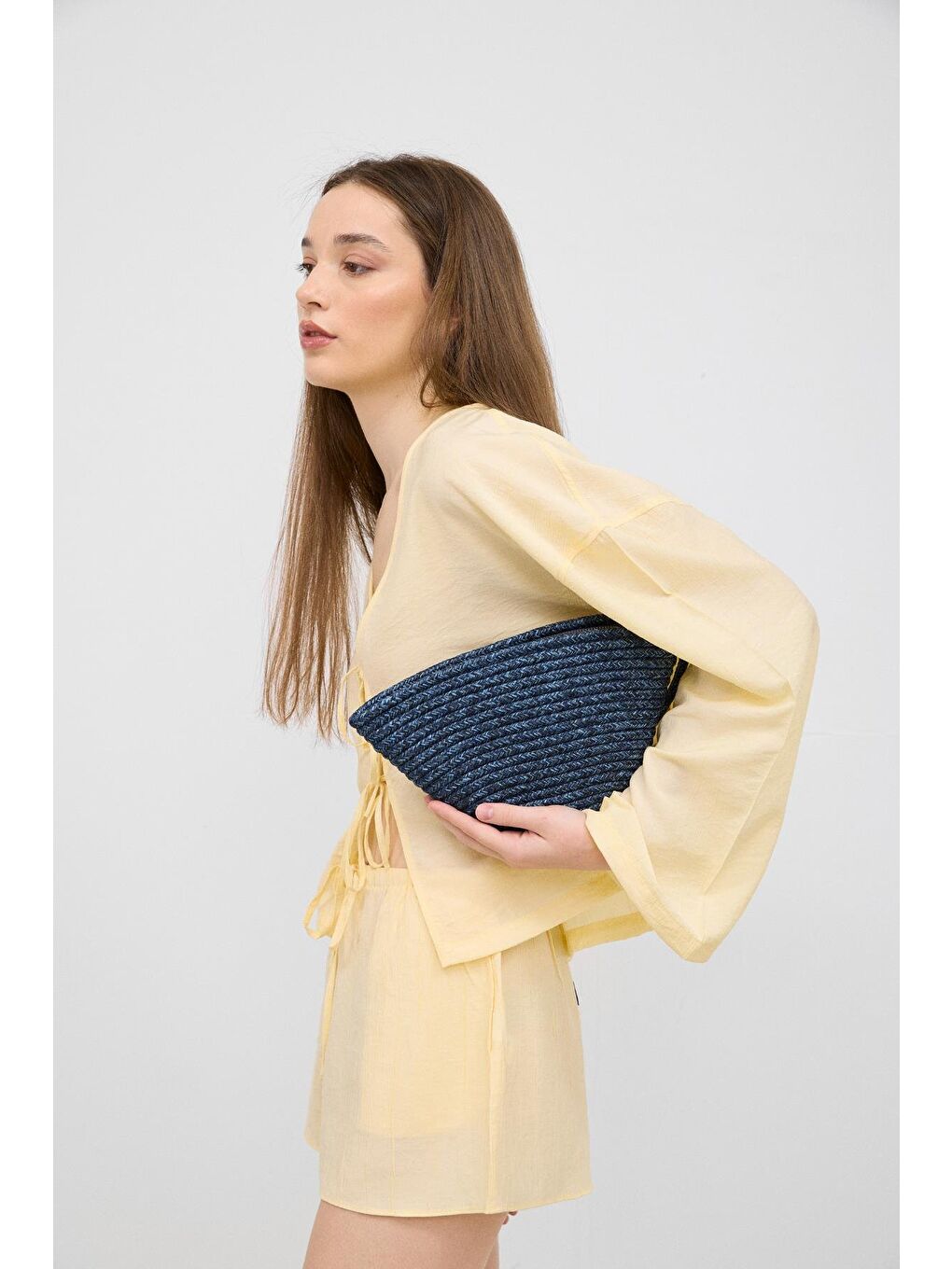 Rome Handmade Hasır Clutch Çanta Lacivert-2